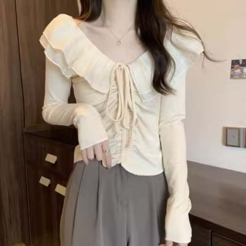 Ruffled drawstring short long-sleeved T-shirt