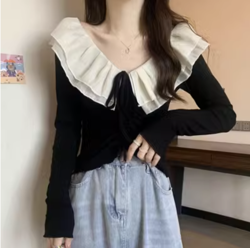 Ruffled drawstring short long-sleeved T-shirt