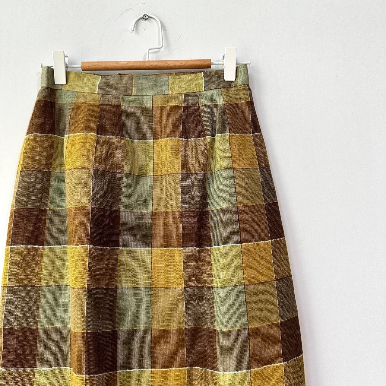 黃色綠色大格紋麻質半身裙