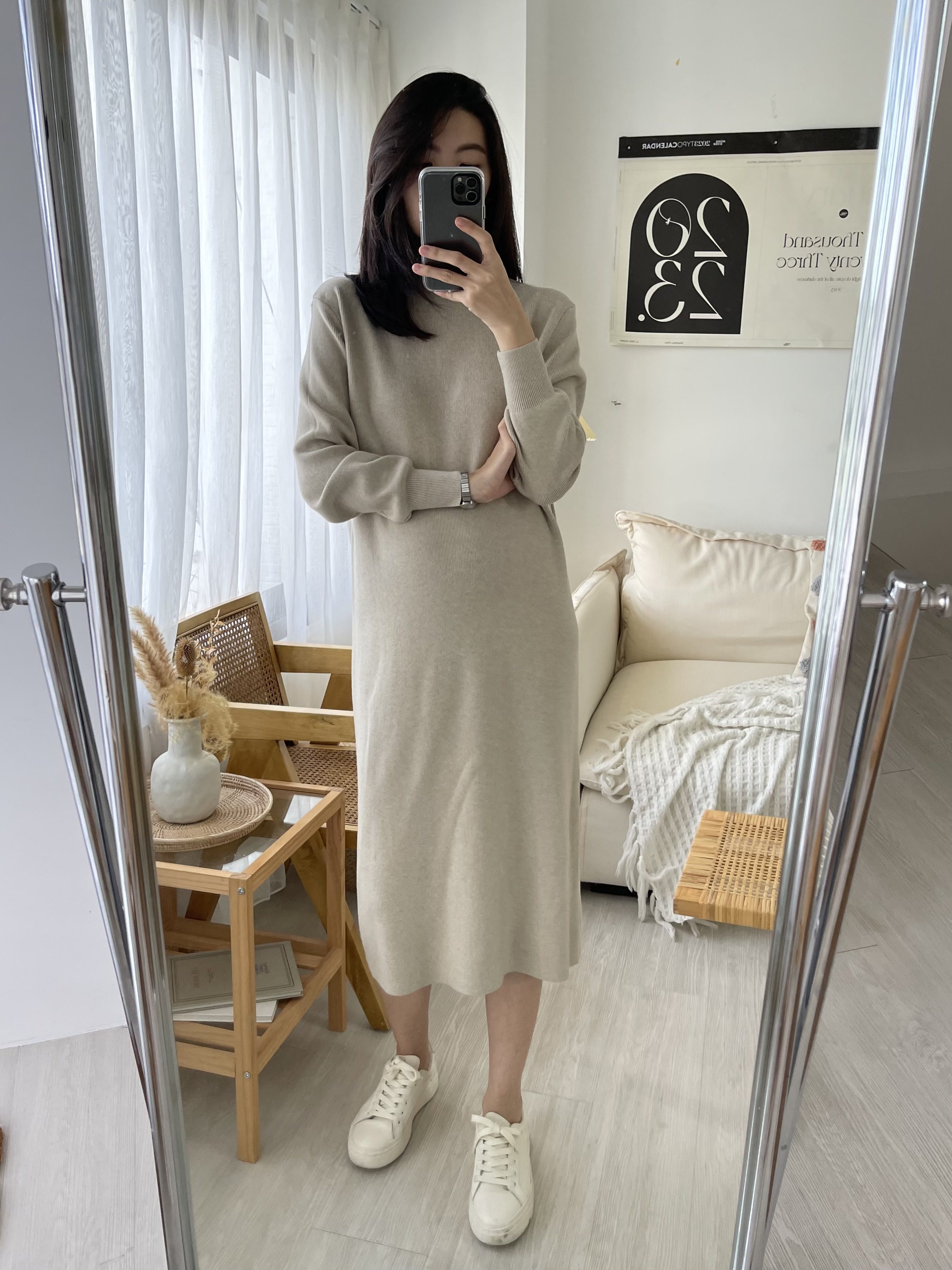 立領素面針織洋裝