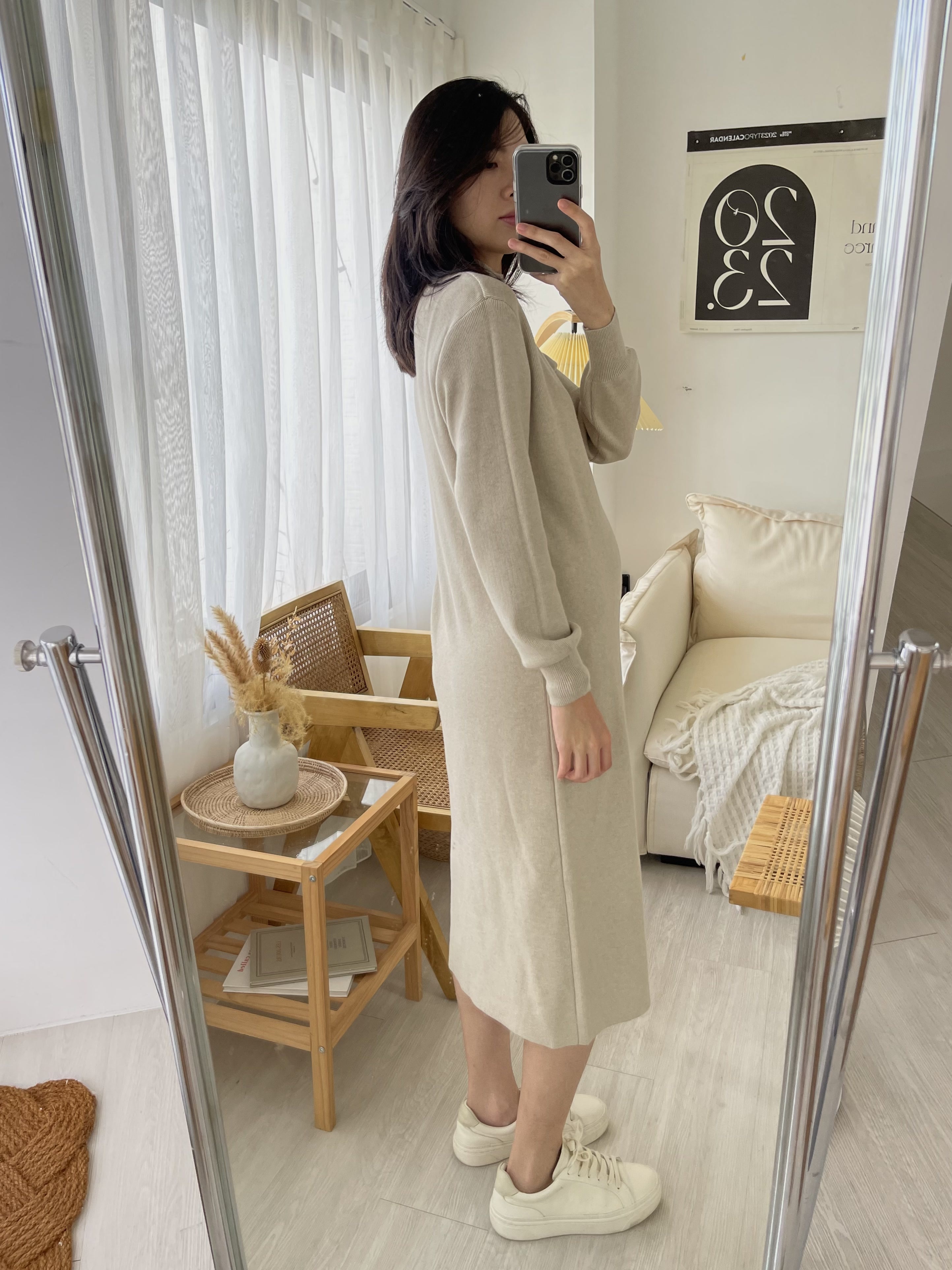 立領素面針織洋裝