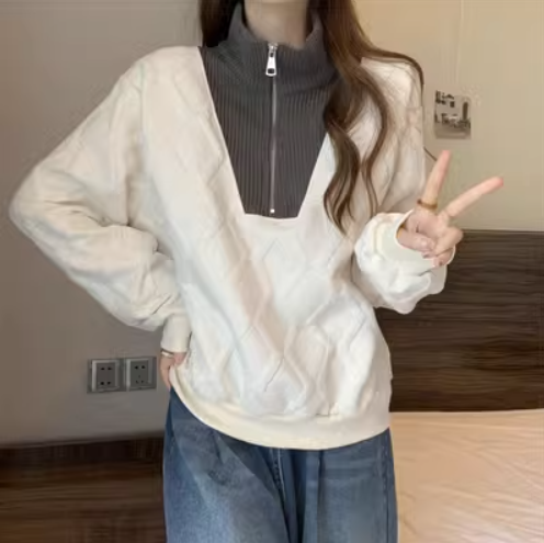 半拉鍊立領菱格長袖衛衣