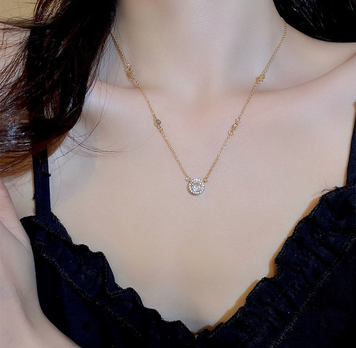 夢幻金圓水鑽鎖骨項鍊