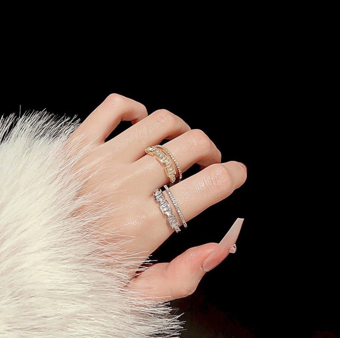 低奢銀方長鑽雙層戒