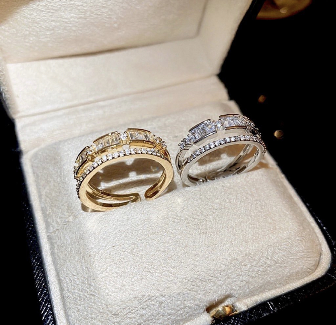 低奢銀方長鑽雙層戒