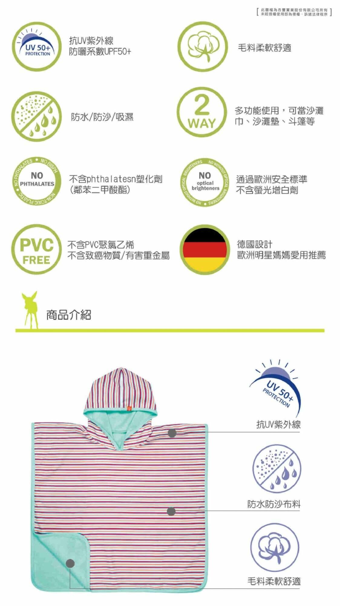 兒童夏日玩水必備,抗UV50+防紫外線侵擾。斗篷套頭式設計,方便容易穿脫,更可玩水後當浴巾使用,保暖吸濕,不怕風吹著涼。外層防水防沙,輕鬆清洗