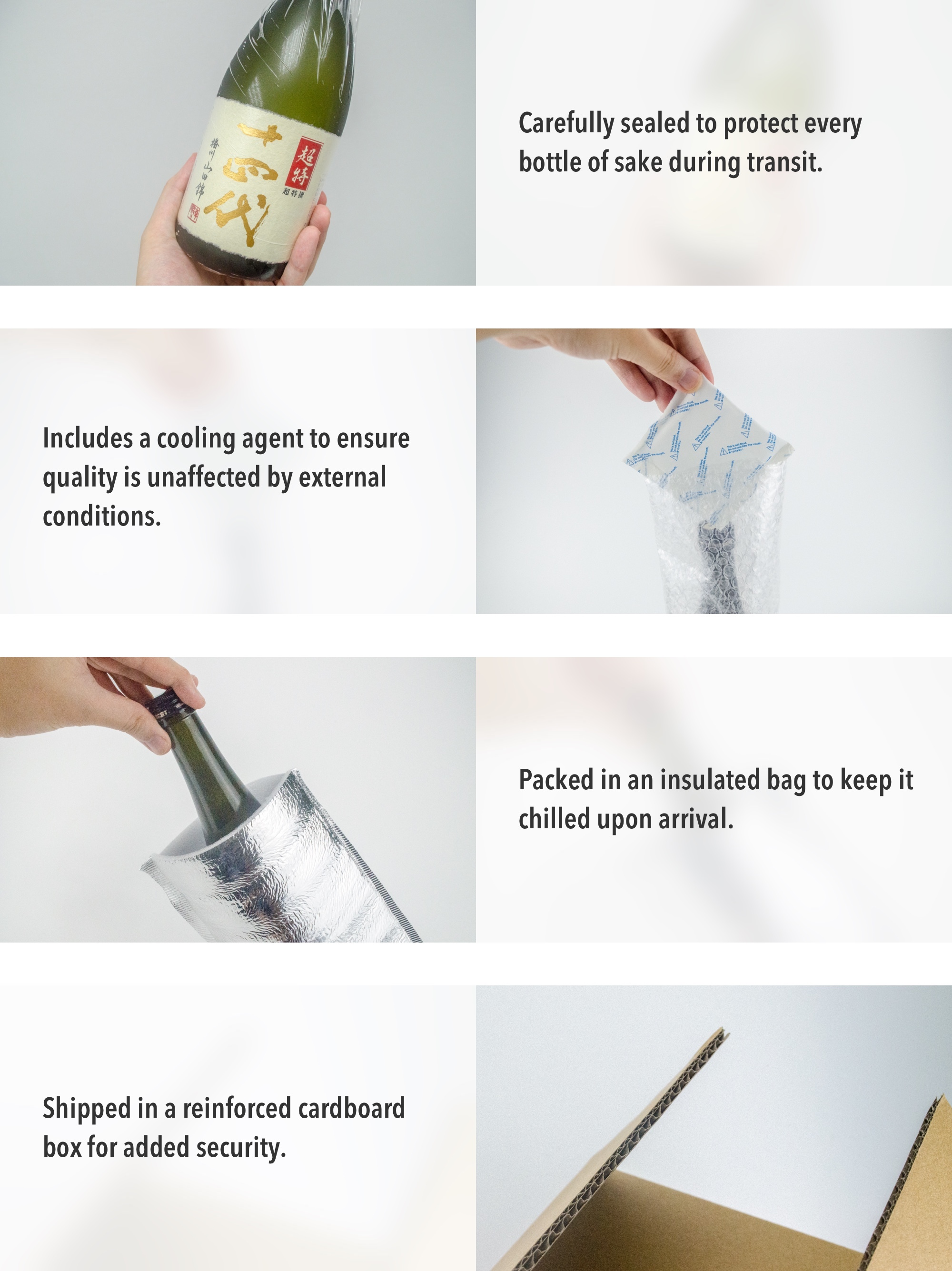 Carefully sealed to protect every bottle of sake during transit.