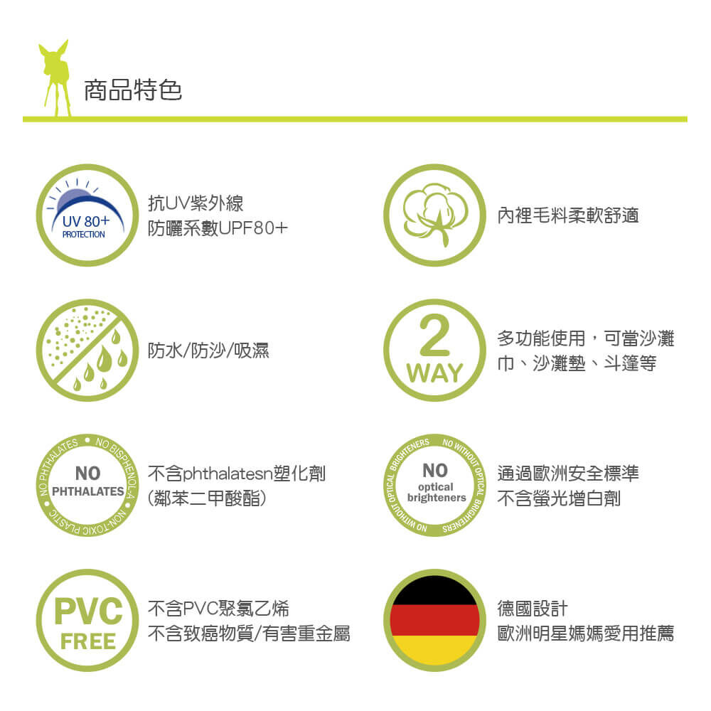 兒童夏日玩水必備，抗UV50+防紫外線侵擾。斗篷套頭式設計，方便容易穿脫，更可玩水後當浴巾使用，保暖吸濕，不怕風吹著涼。外層防水防沙，輕鬆清洗