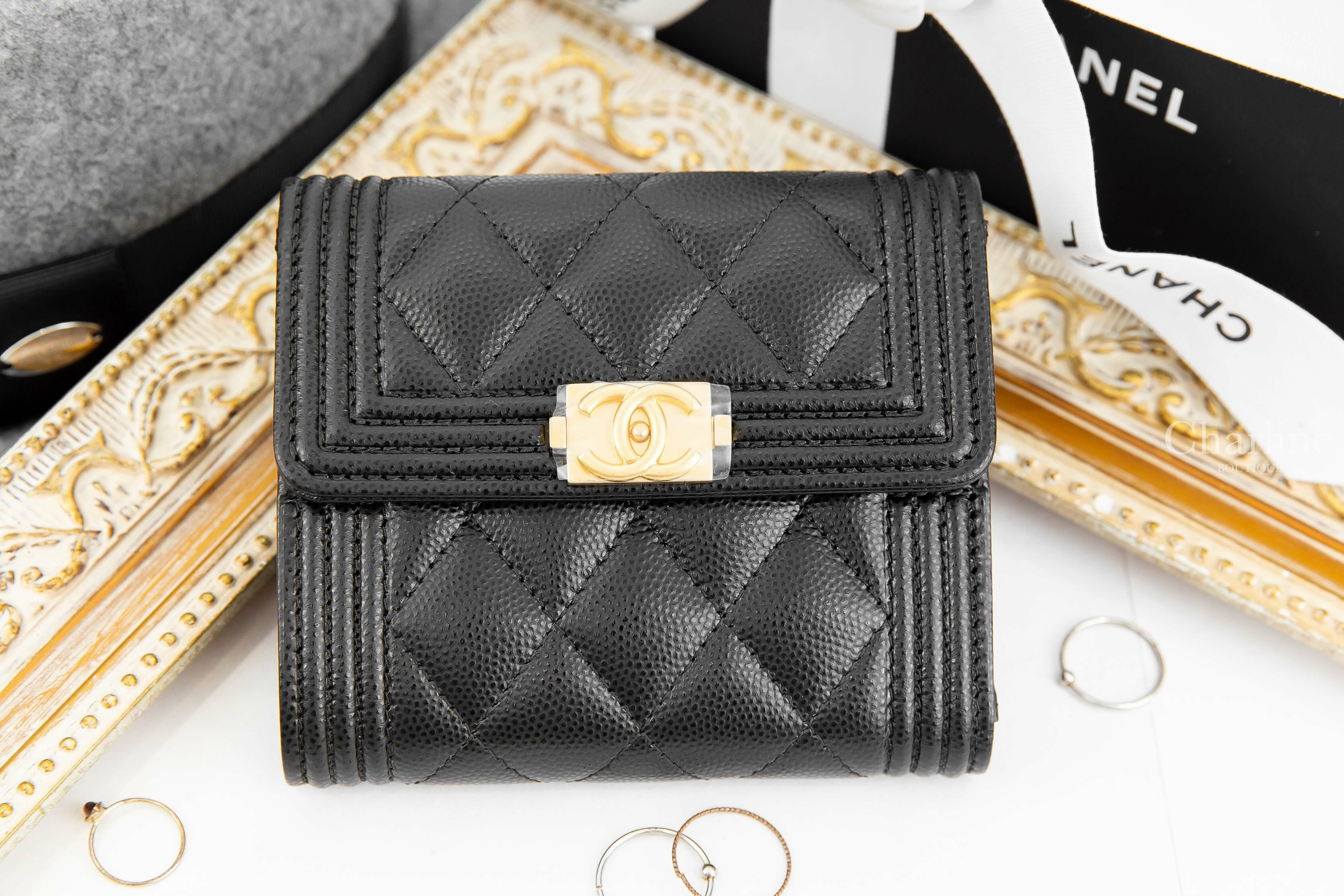 Chanel Boy Wallet 黑色金CC荔枝菱格紋三折短夾