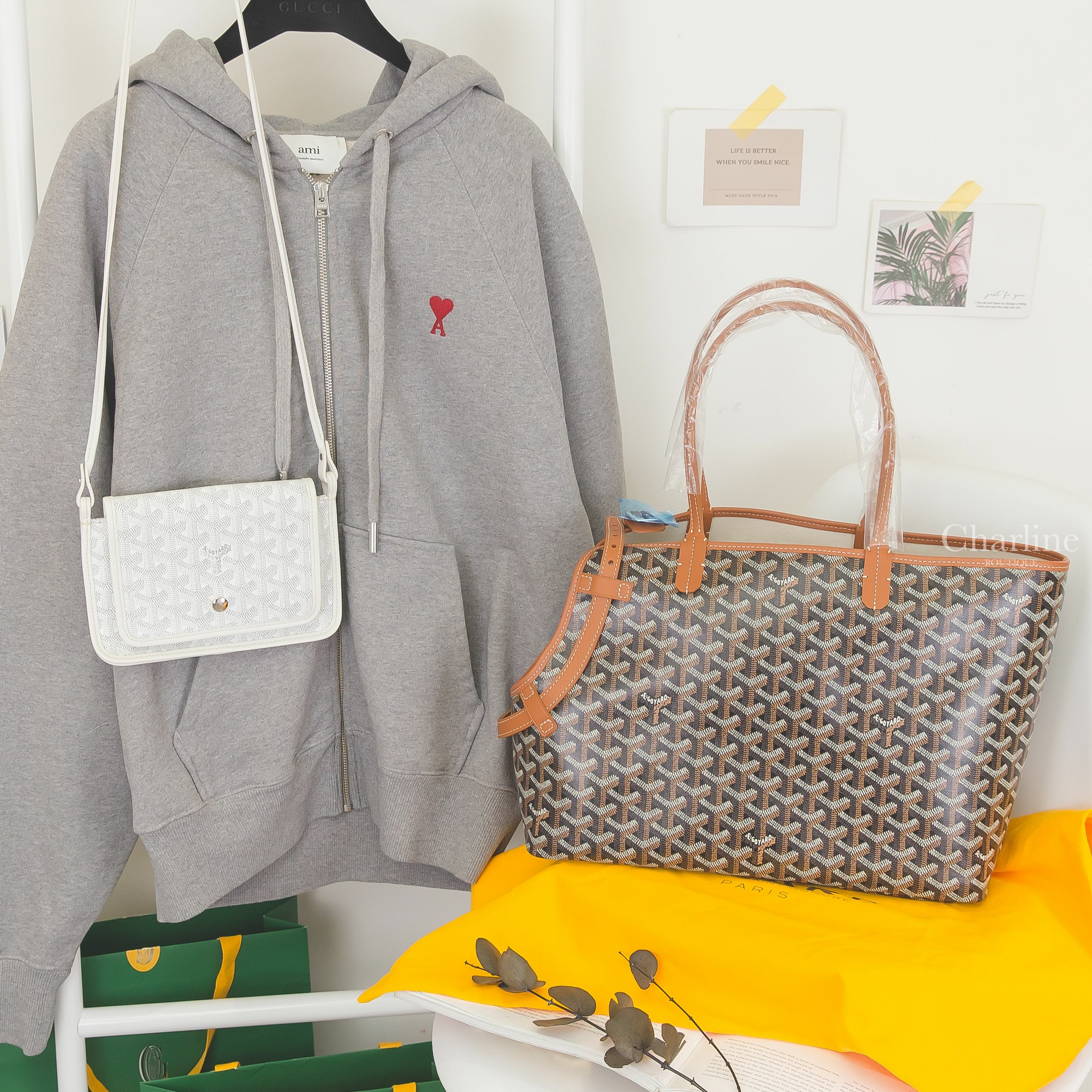 Goyard Chien Gris Bag 黑色拼咖啡色提把無拉鍊寵物托特包,Goyard Plumet Pocket Wallet 白色小牛皮肩背包-Charline Boutique 精品代購
