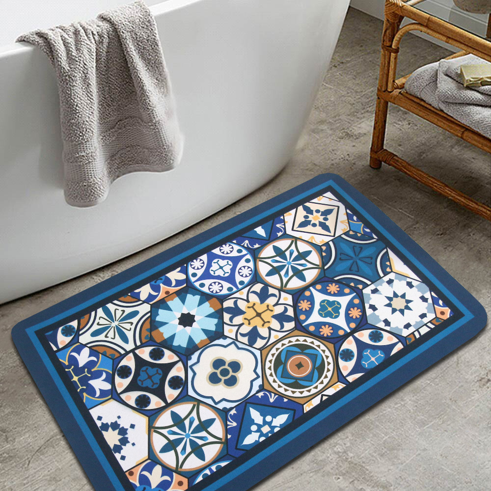 科技絨舒柔吸水地墊-墨藍花磚BS-884