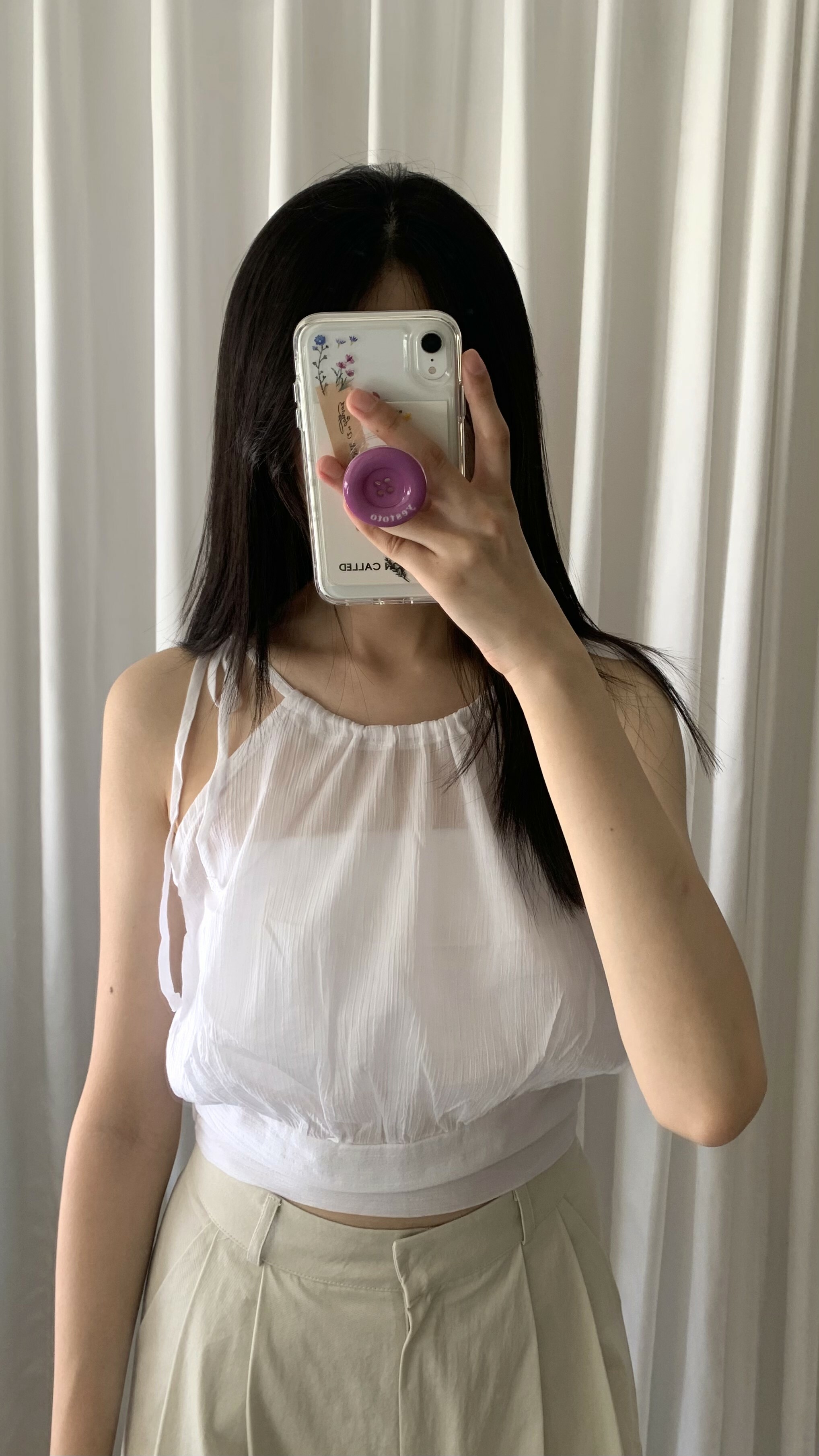 白 棉麻小蠻腰掛脖背心