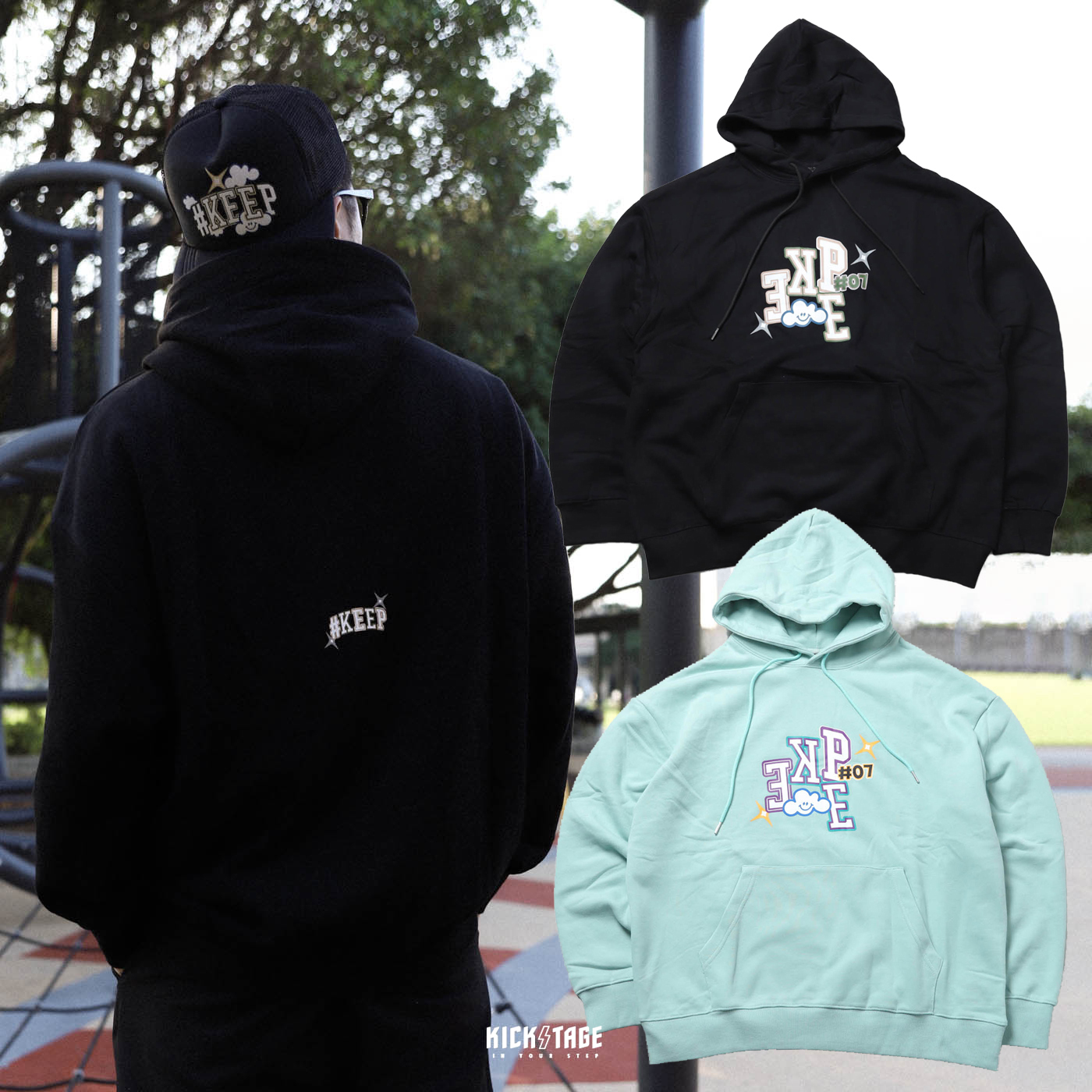 **特價商品售出不退換**#KEEP STARBURST HOODIE 黑色 湖水綠 星芒雲朵 美式復古LOGO 毛巾底 寬版落肩 帽T【KS186】