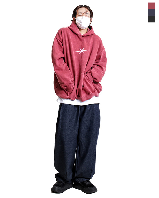 重着色水洗棉星星泡泡袖連帽T恤