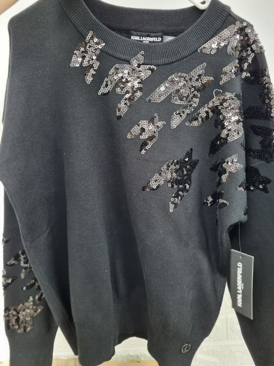 [S] KARL LAGERFELD SEQUIN HOUNDSTOOTH CREW NECK SWEATER, 196788824942 (SKL787)