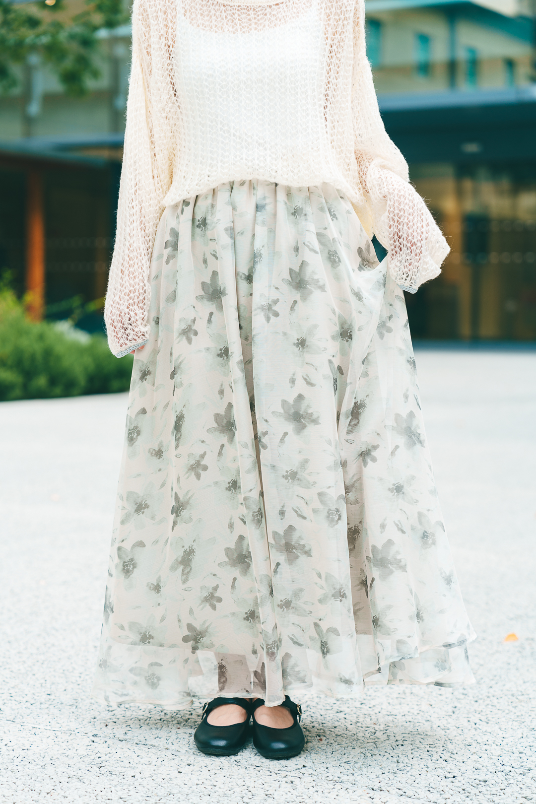 陌上花開！水墨花卉雪紡裙(兩色-銀河灰)