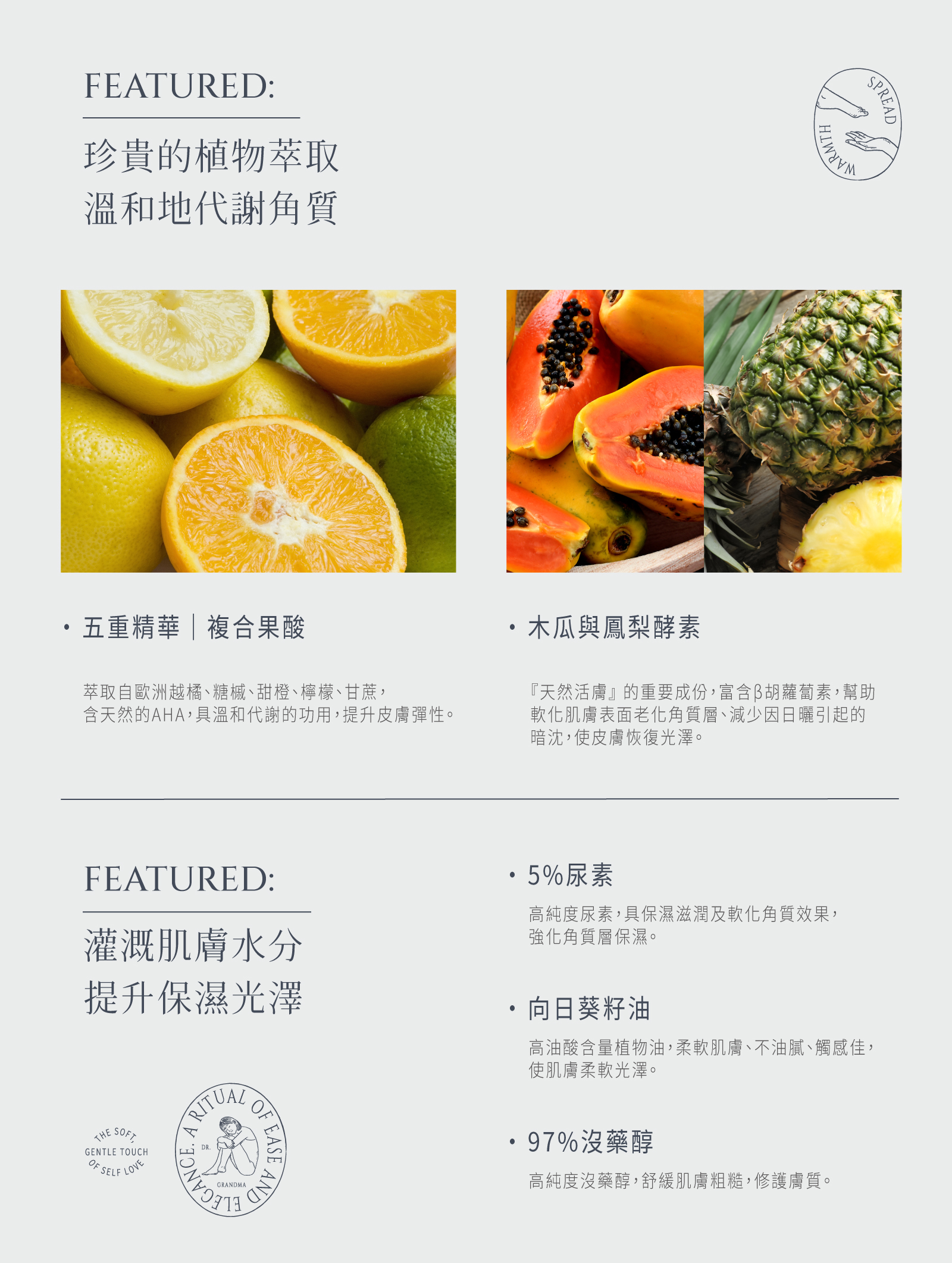 果酸酵素煥膚嫩足霜來自珍貴的植物萃取,溫和地代謝角質,提升保濕光澤