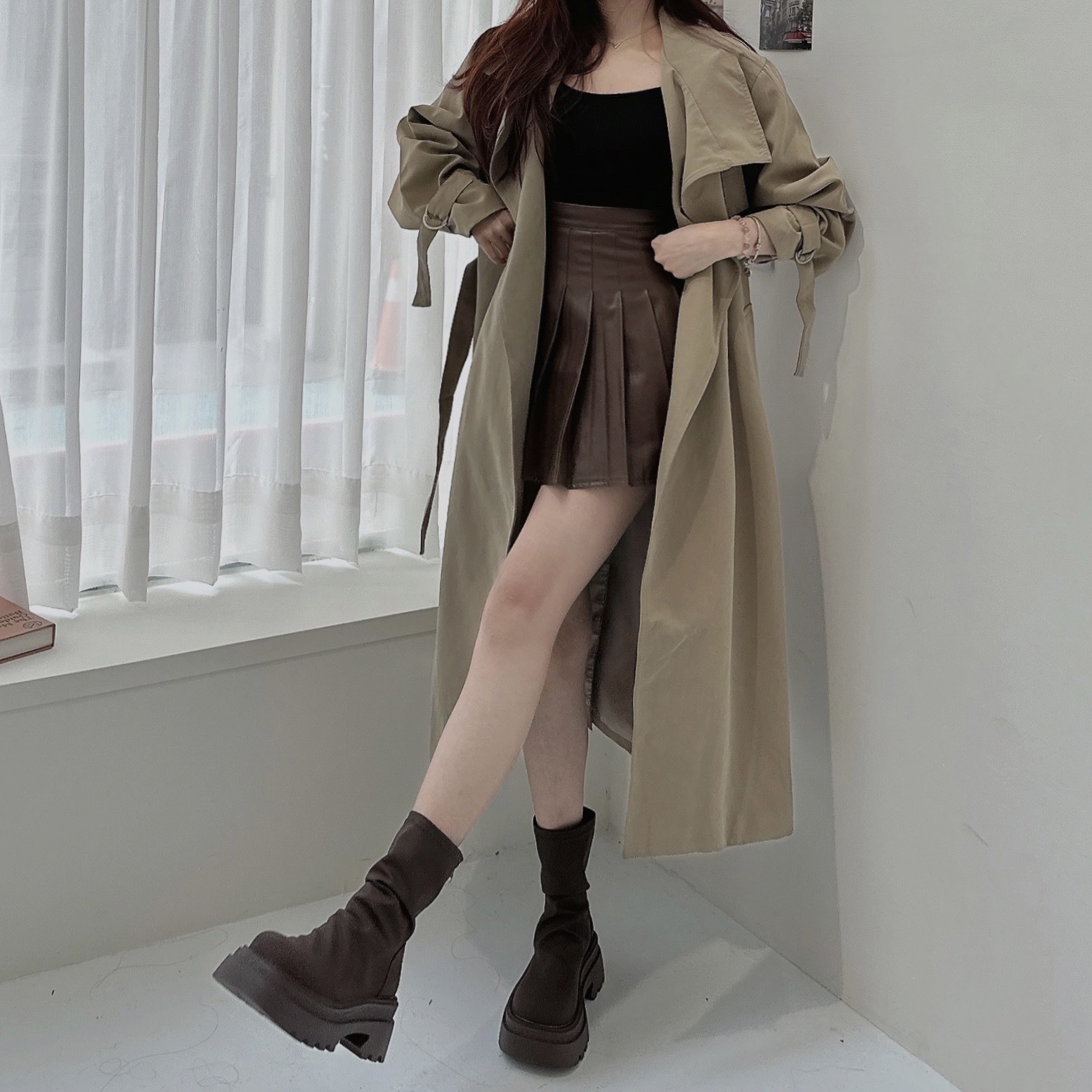 霧面皮革皺皺中筒靴/二色