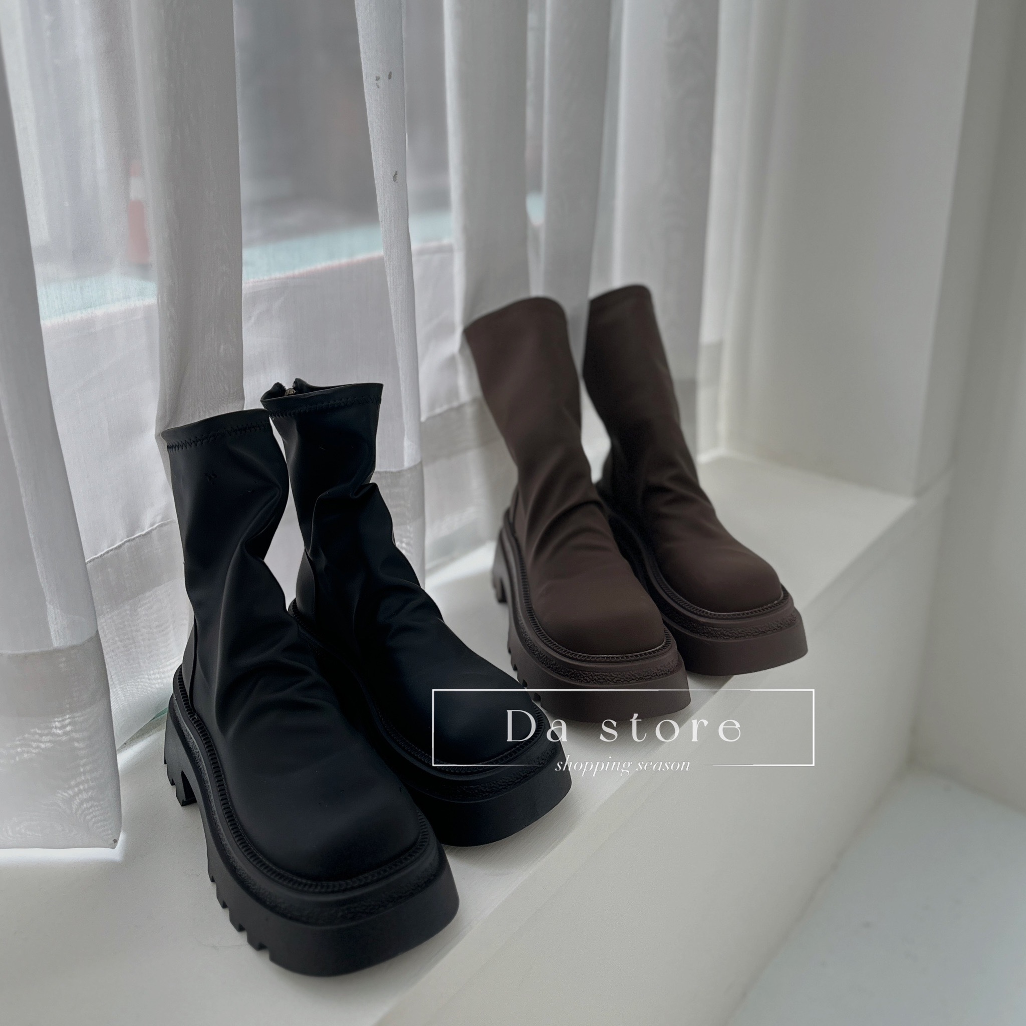 霧面皮革皺皺中筒靴/二色