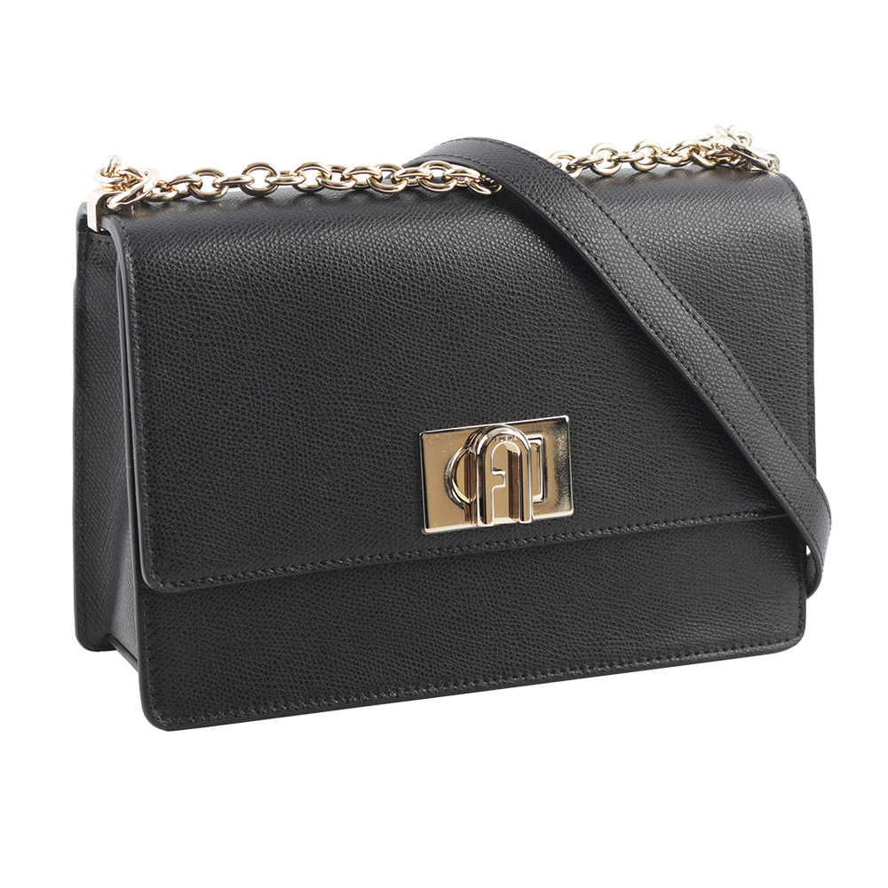 【FURLA】1927 拱門轉釦小款翻蓋鏈帶二用包(黑色) BAFIACO ARE000 O6000