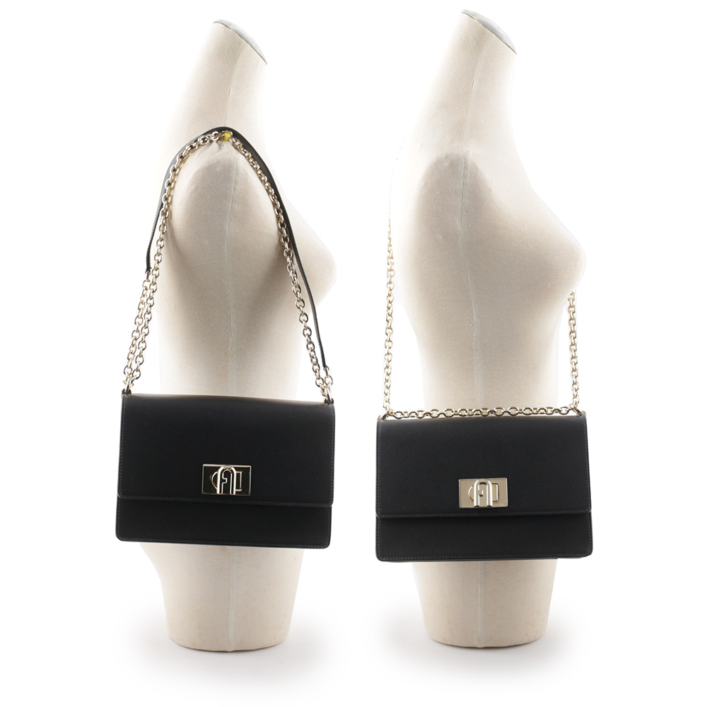 【FURLA】1927 拱門轉釦小款翻蓋鏈帶二用包(黑色) BAFIACO ARE000 O6000