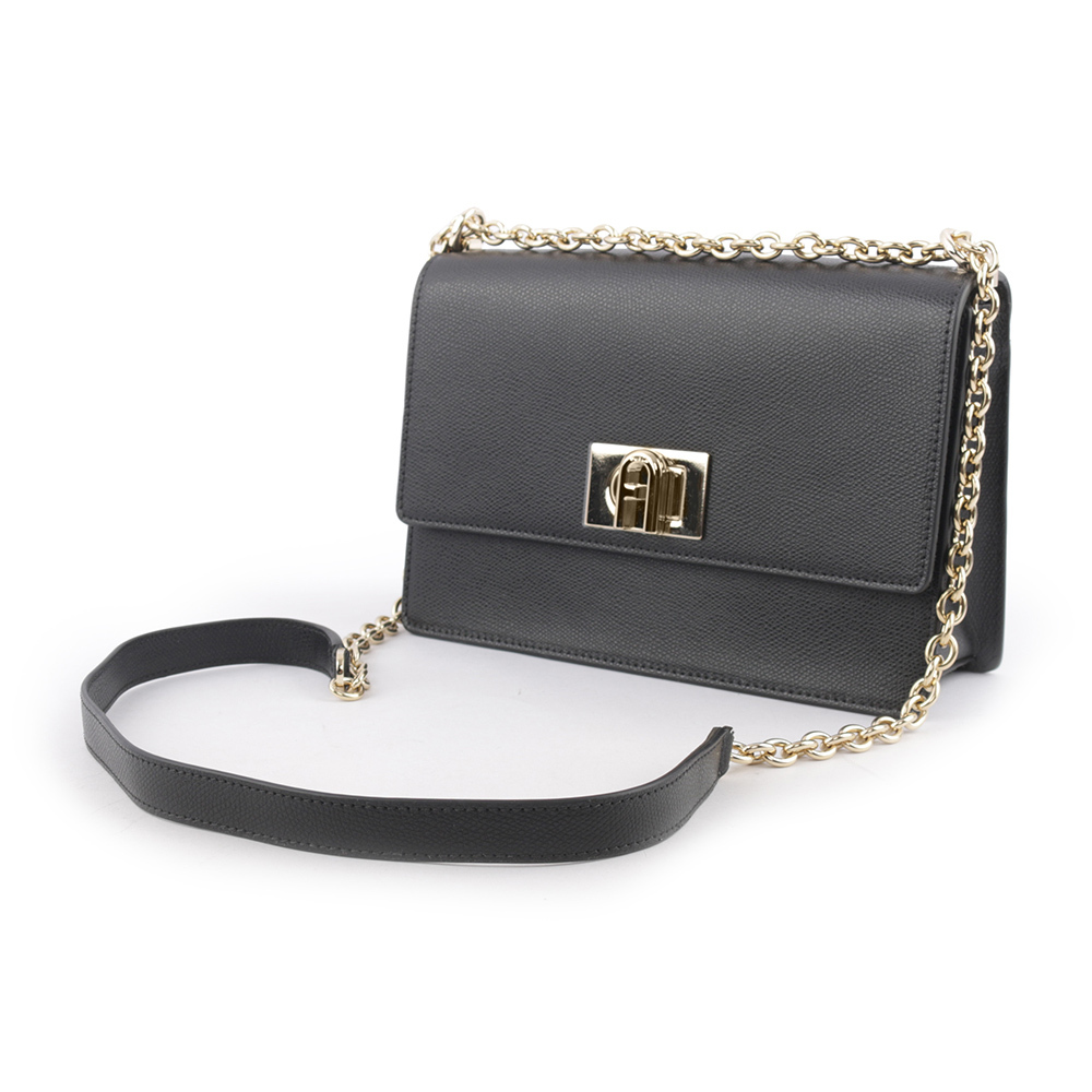 【FURLA】1927 拱門轉釦小款翻蓋鏈帶二用包(黑色) BAFIACO ARE000 O6000