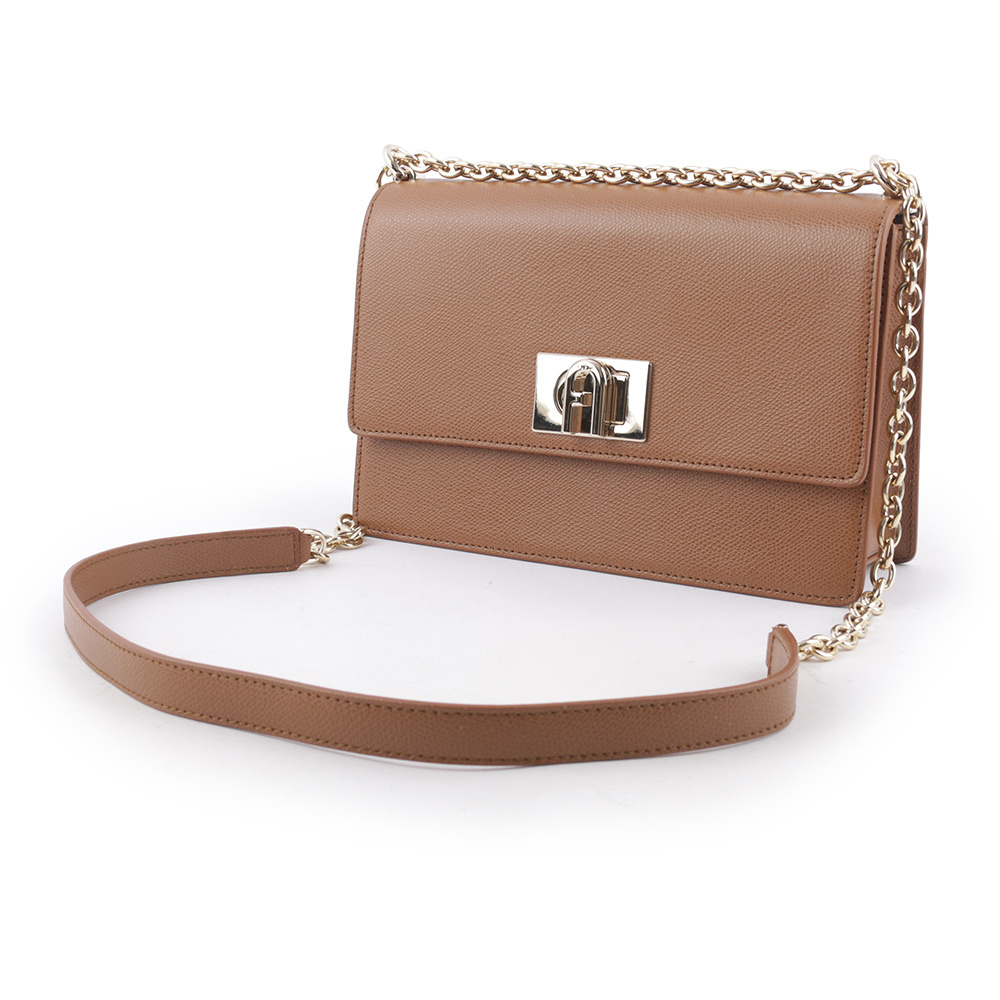 【FURLA】1927 拱門轉釦小款翻蓋鏈帶二用包(白蘭地酒色) BAFIACO ARE000 03B00