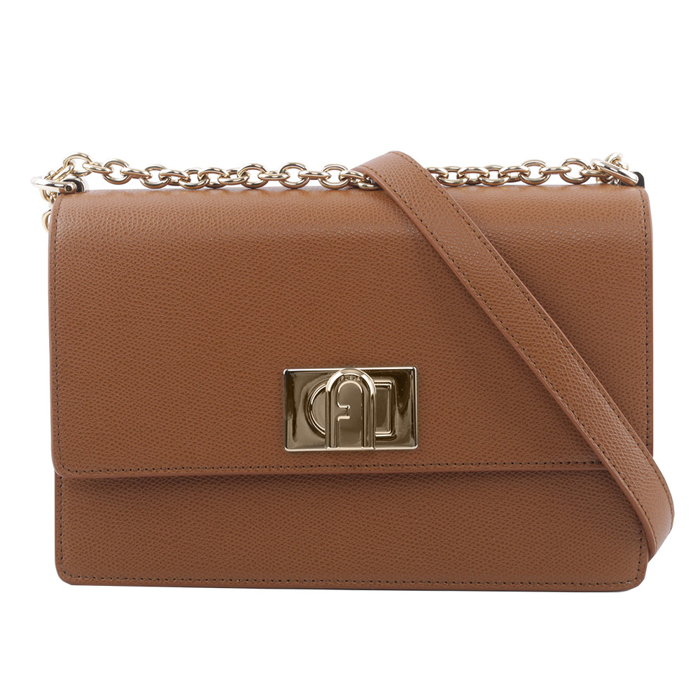 【FURLA】1927 拱門轉釦小款翻蓋鏈帶二用包(白蘭地酒色) BAFIACO ARE000 03B00