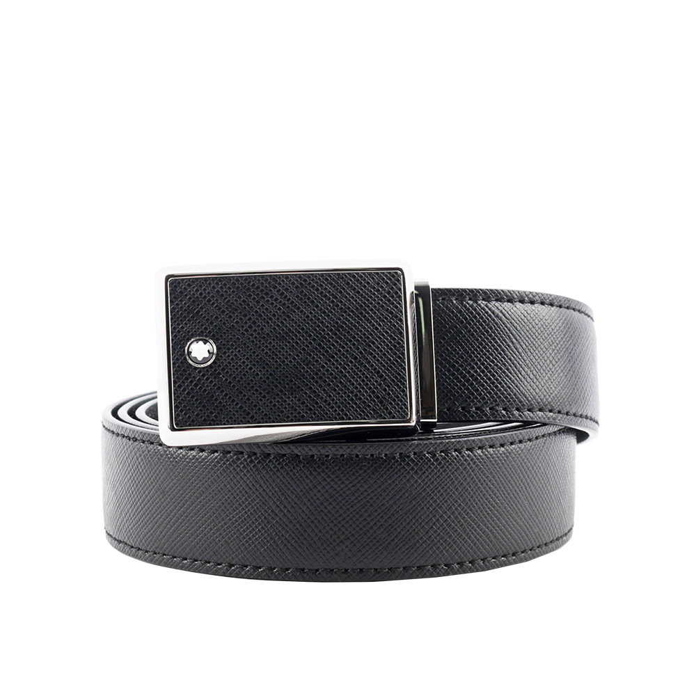 【MONTBLANC 萬寶龍】銀框方形搭扣防刮皮革寬3cm 皮帶(黑色) 114421