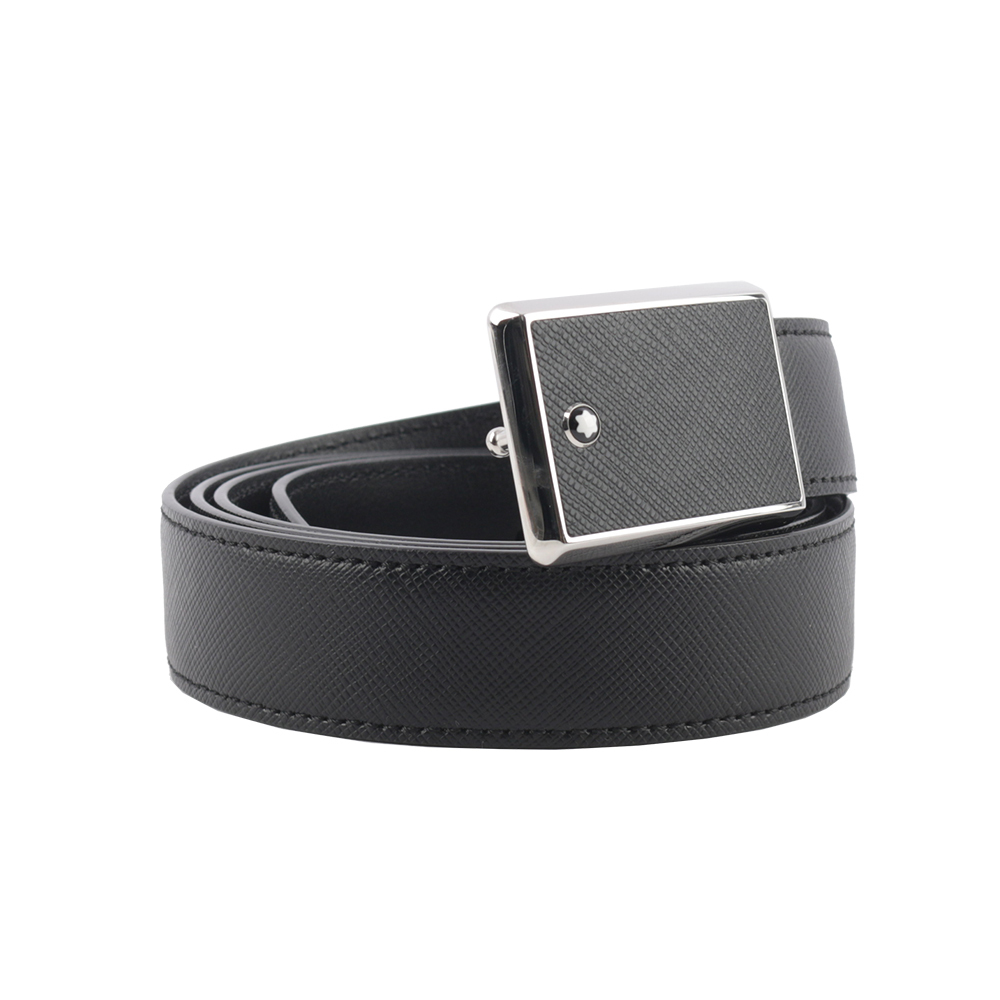 【MONTBLANC 萬寶龍】銀框方形搭扣防刮皮革寬3cm 皮帶(黑色) 114421
