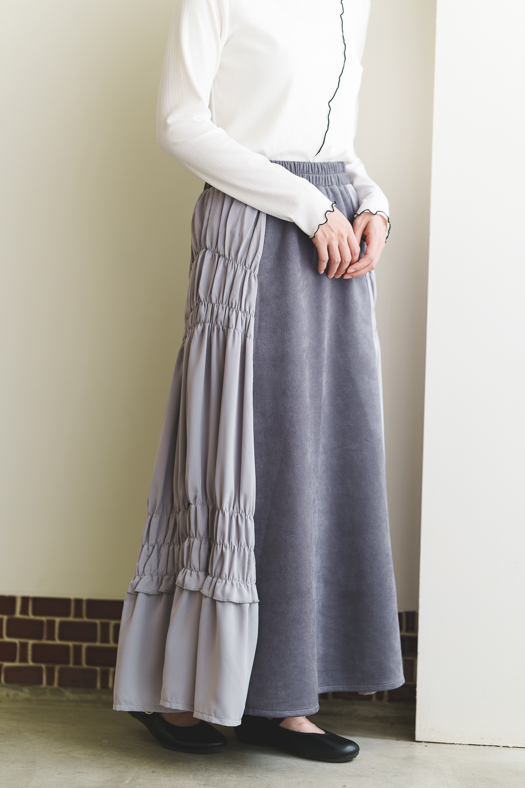 秋冬序曲！剪裁撞色半身裙(三色-寧靜灰)