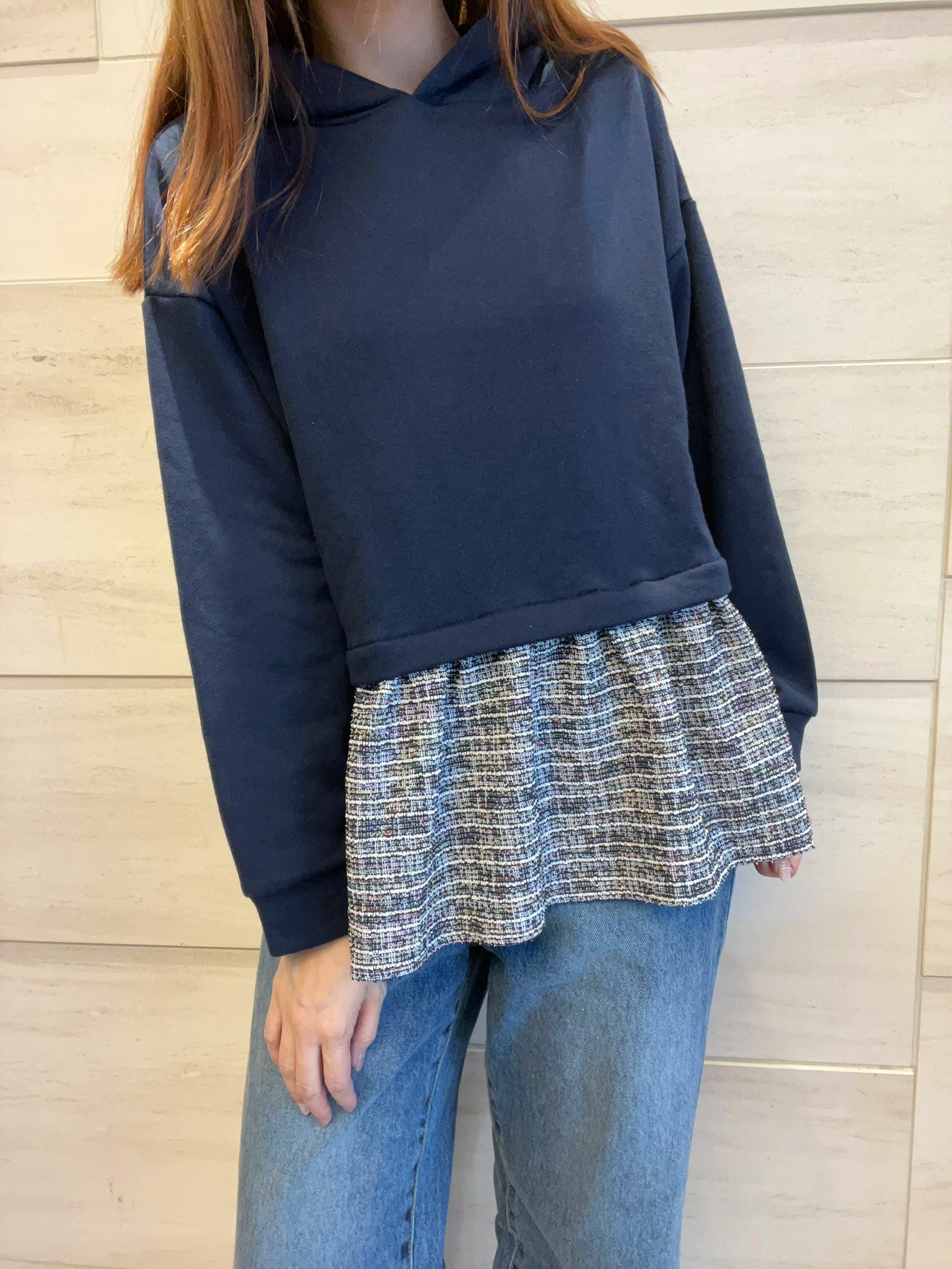 OT 拼布格仔有帽 TOP