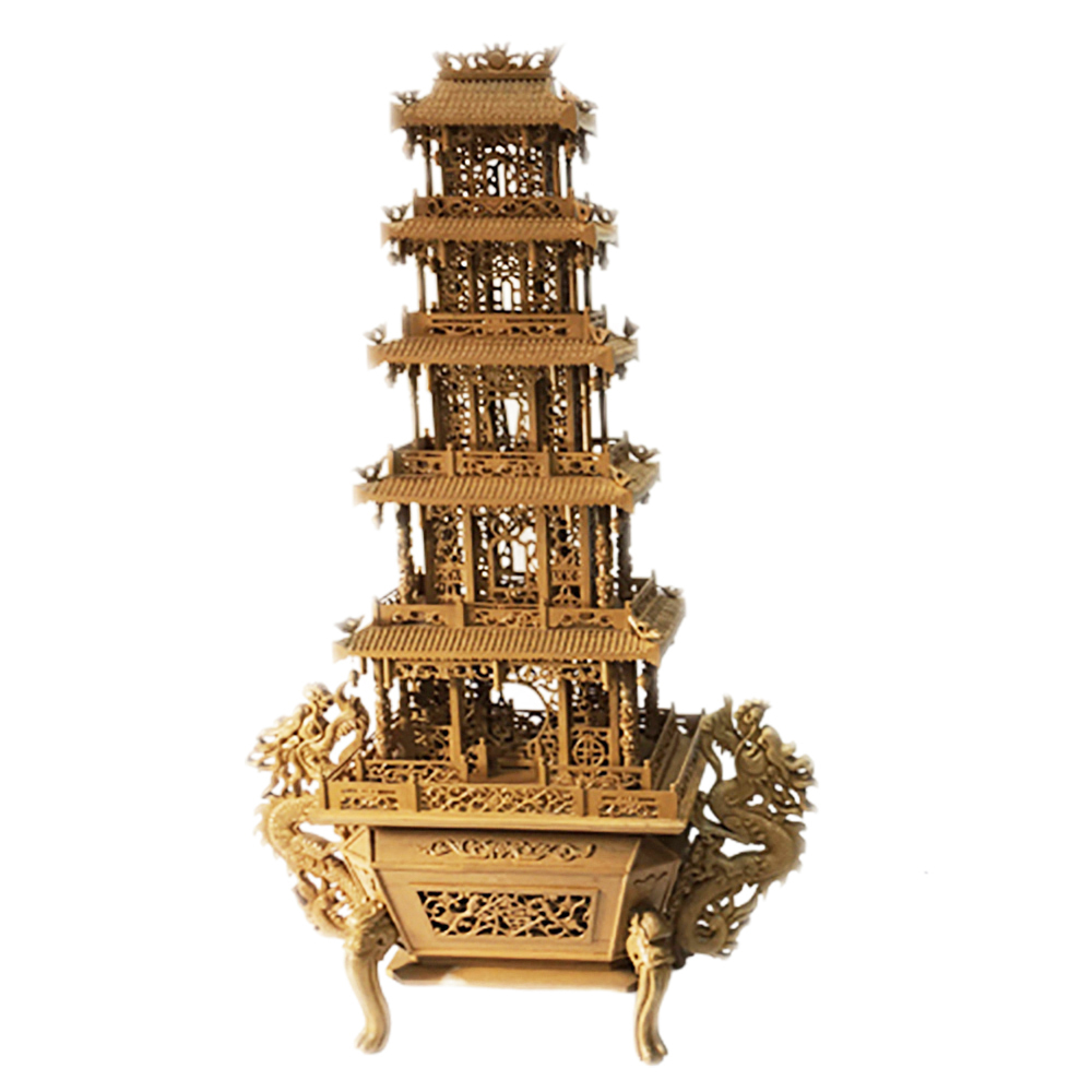 雙龍佛塔 檀香木精雕 高80 公分【十方】145726