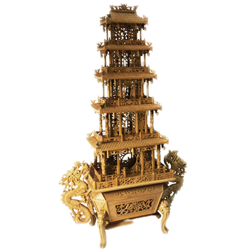 雙龍佛塔 檀香木精雕 高80 公分【十方】145726