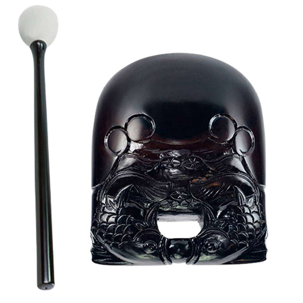  黑檀精雕雙魚木魚3.5吋附棒【十方】110187