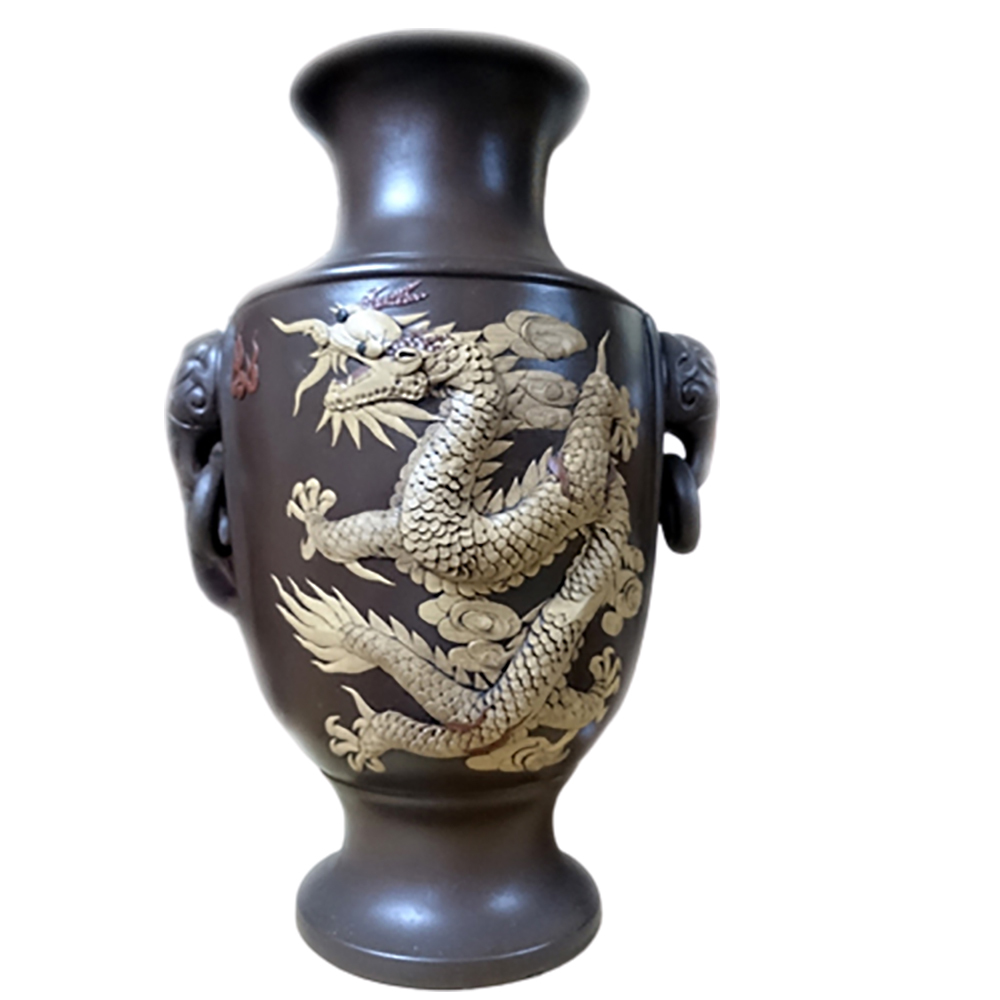 龍鳳浮雕紫砂極品花瓶1對【十方】139021