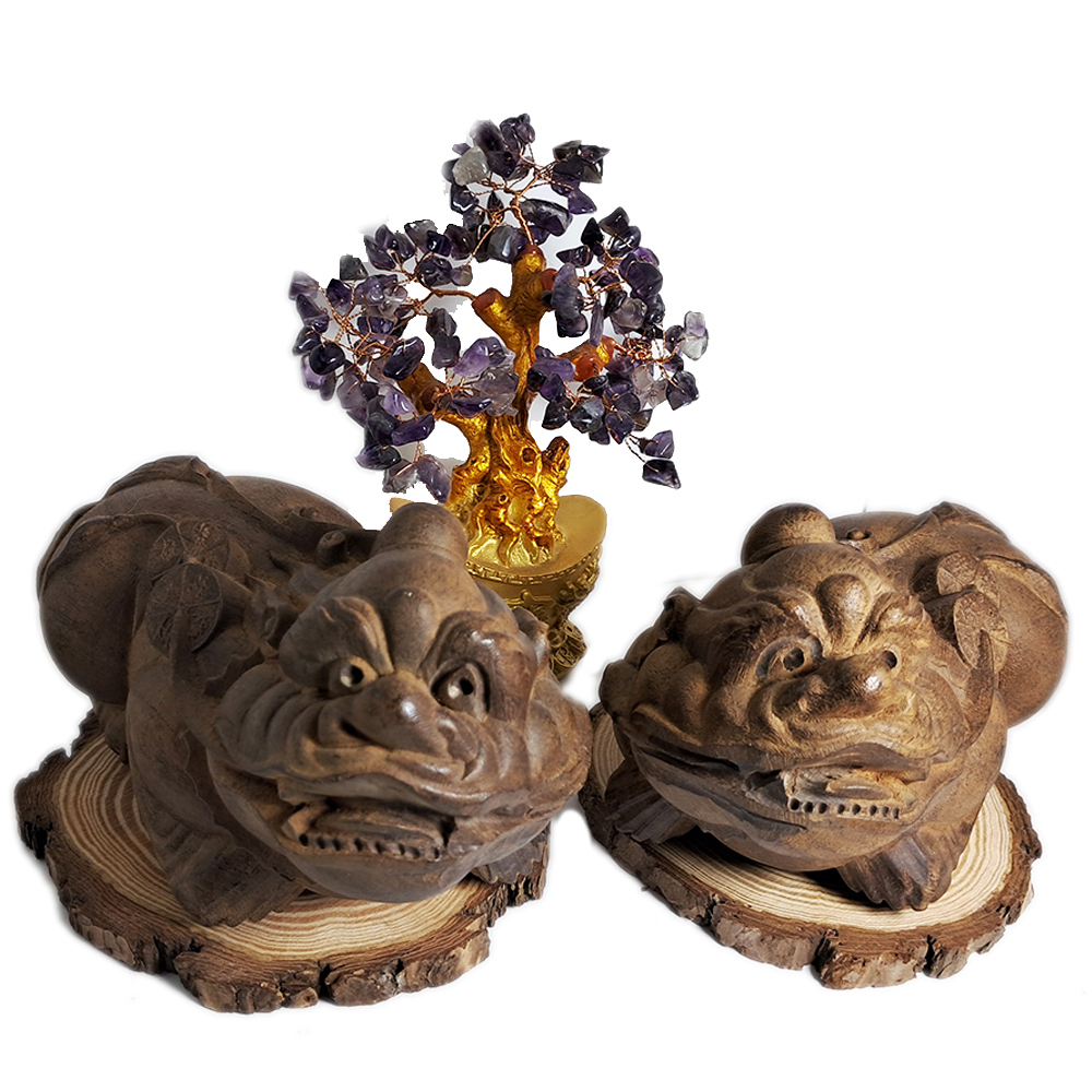 旺財貔貅{土沉香} 17公分1對+紫晶發財樹&木座【十方】139348