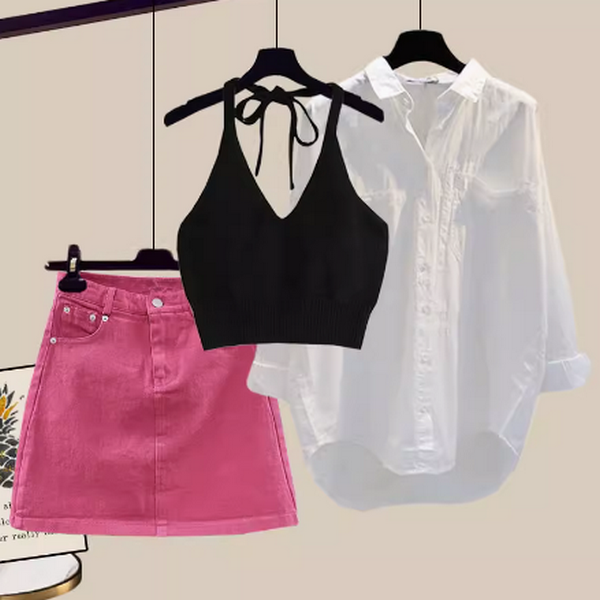 Three-piece denim top and skirt set