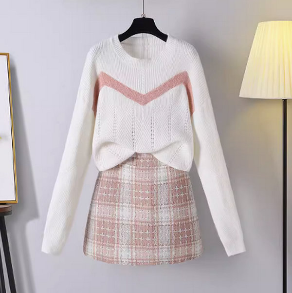 Winter knitted sweater short skirt two-piece set