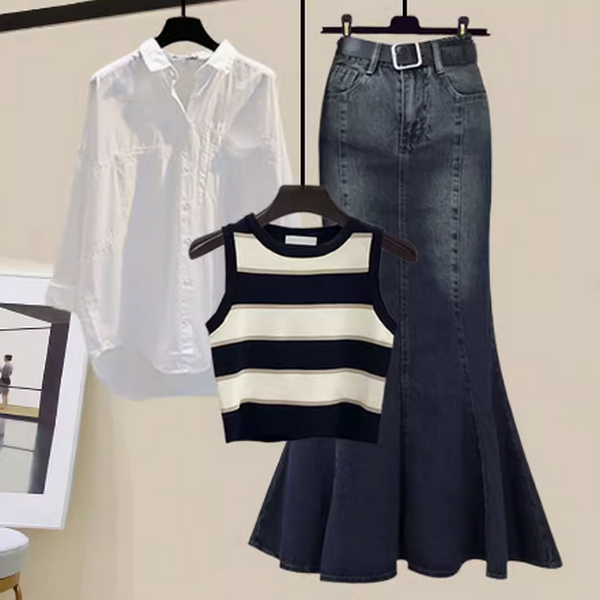 Denim fishtail skirt three-piece set