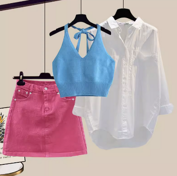 Three-piece denim top and skirt set