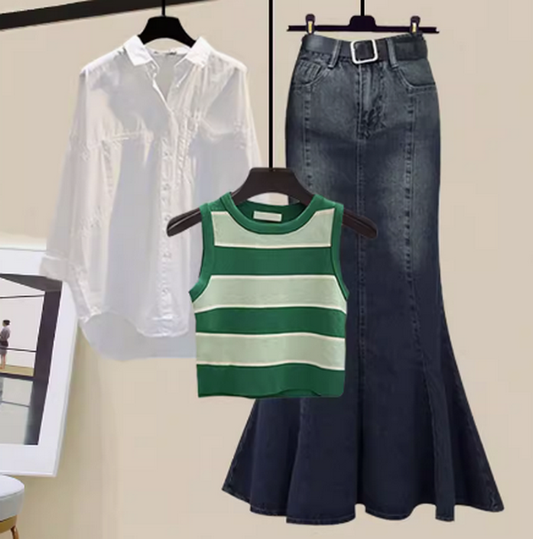 Denim fishtail skirt three-piece set