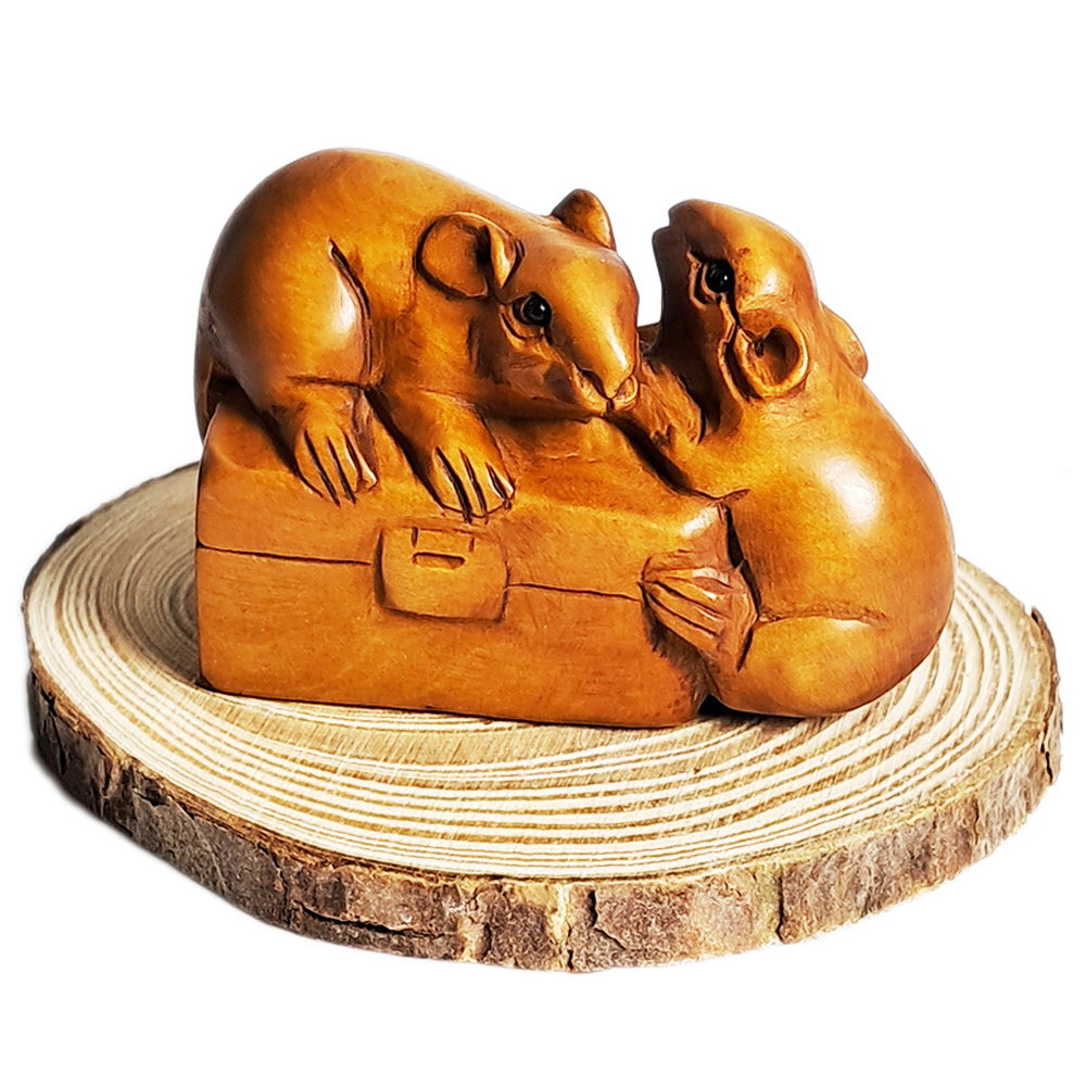 鼠兆豐年{黃楊木雕}開運精品【十方】152307