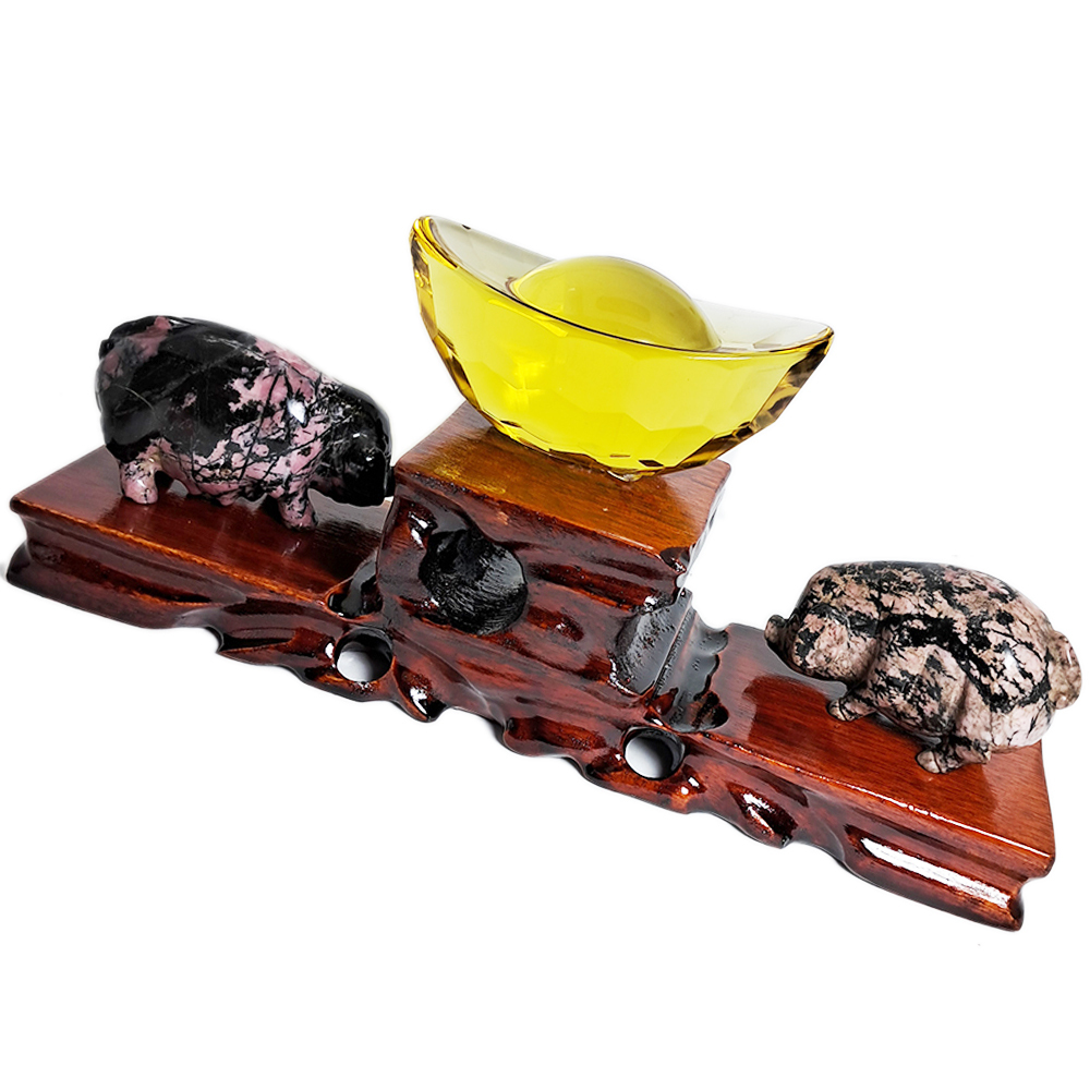 諸事圓滿{玫瑰石}元寶木座開運擺件【十方】134860