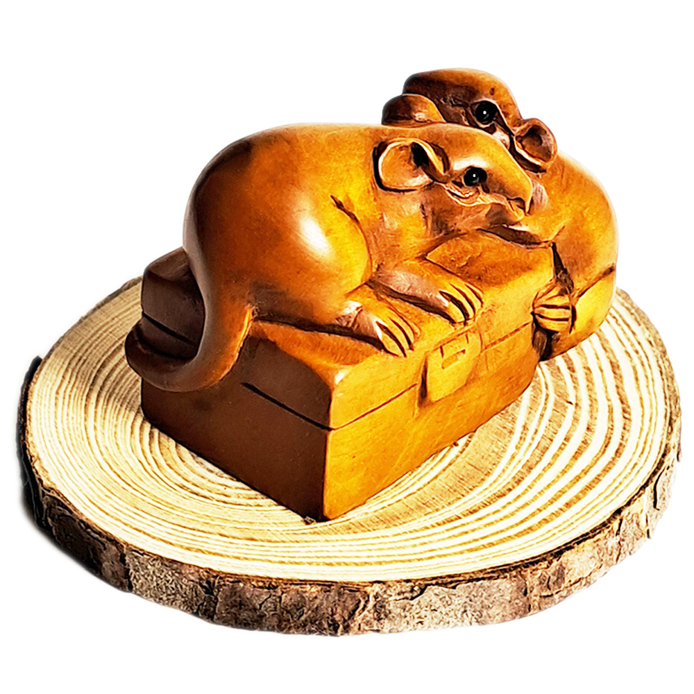 鼠兆豐年{黃楊木雕}開運精品【十方】152307