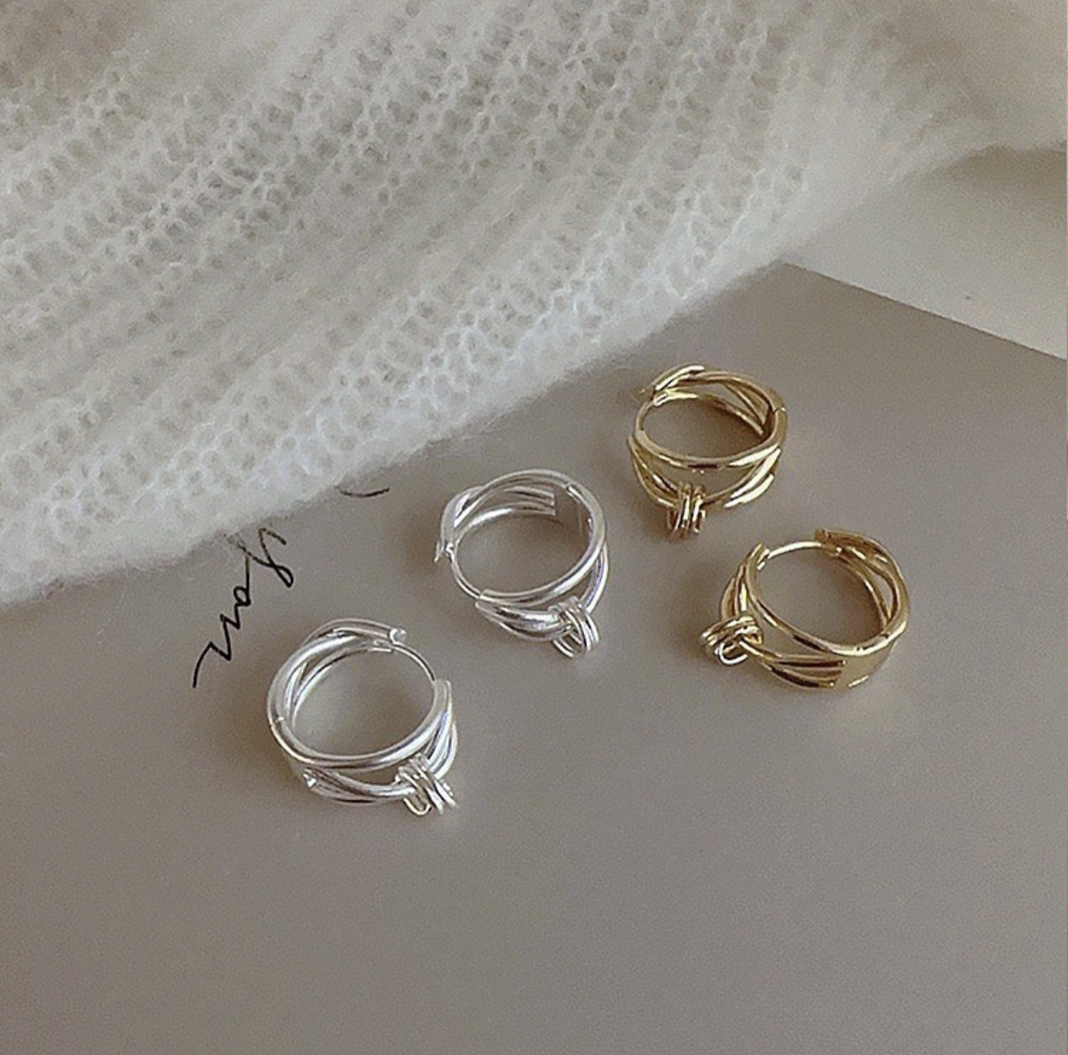 霧柔金銀 扭結雙層耳扣釘圈