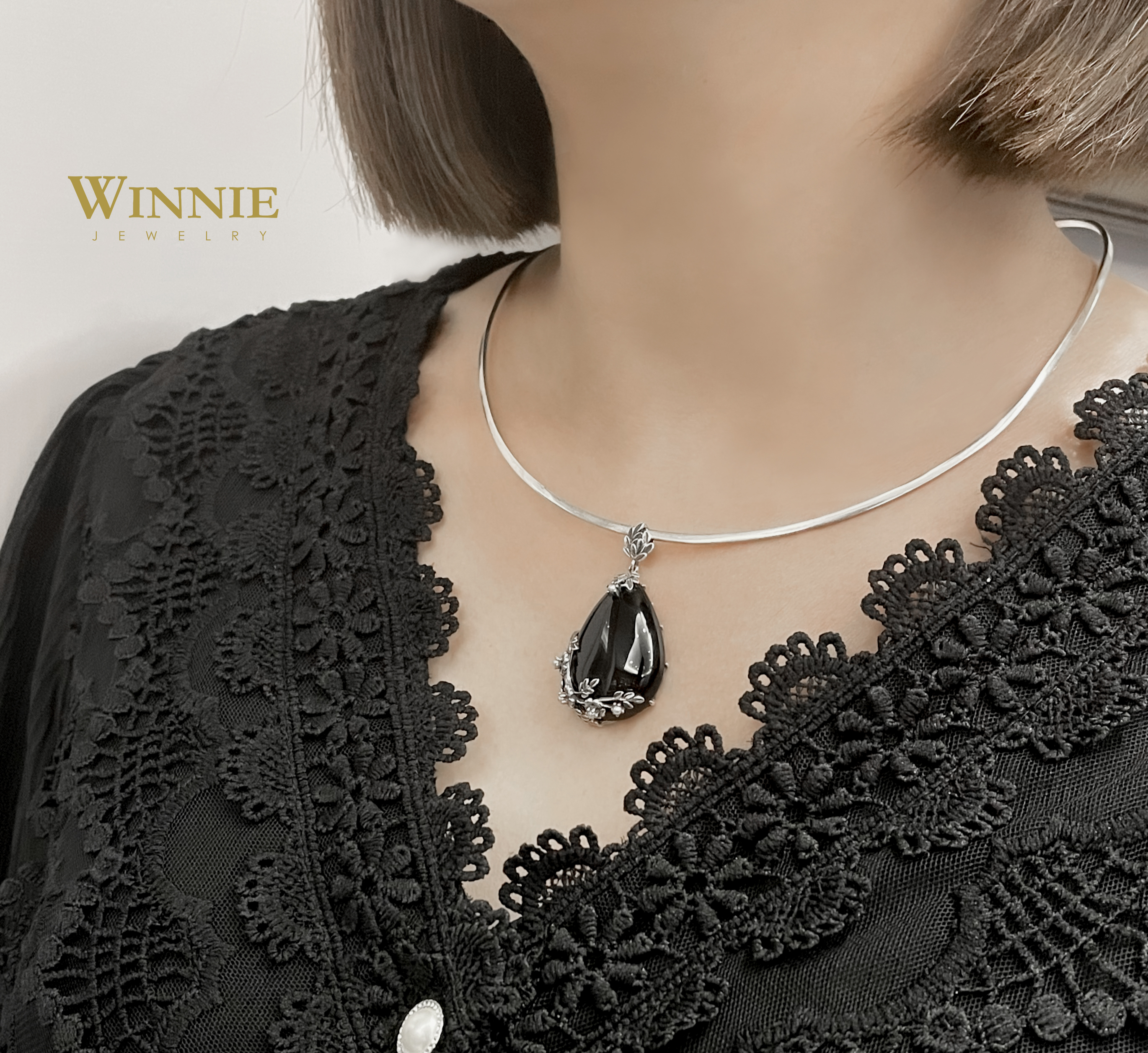 水滴黑瑪瑙鑲銀墜子