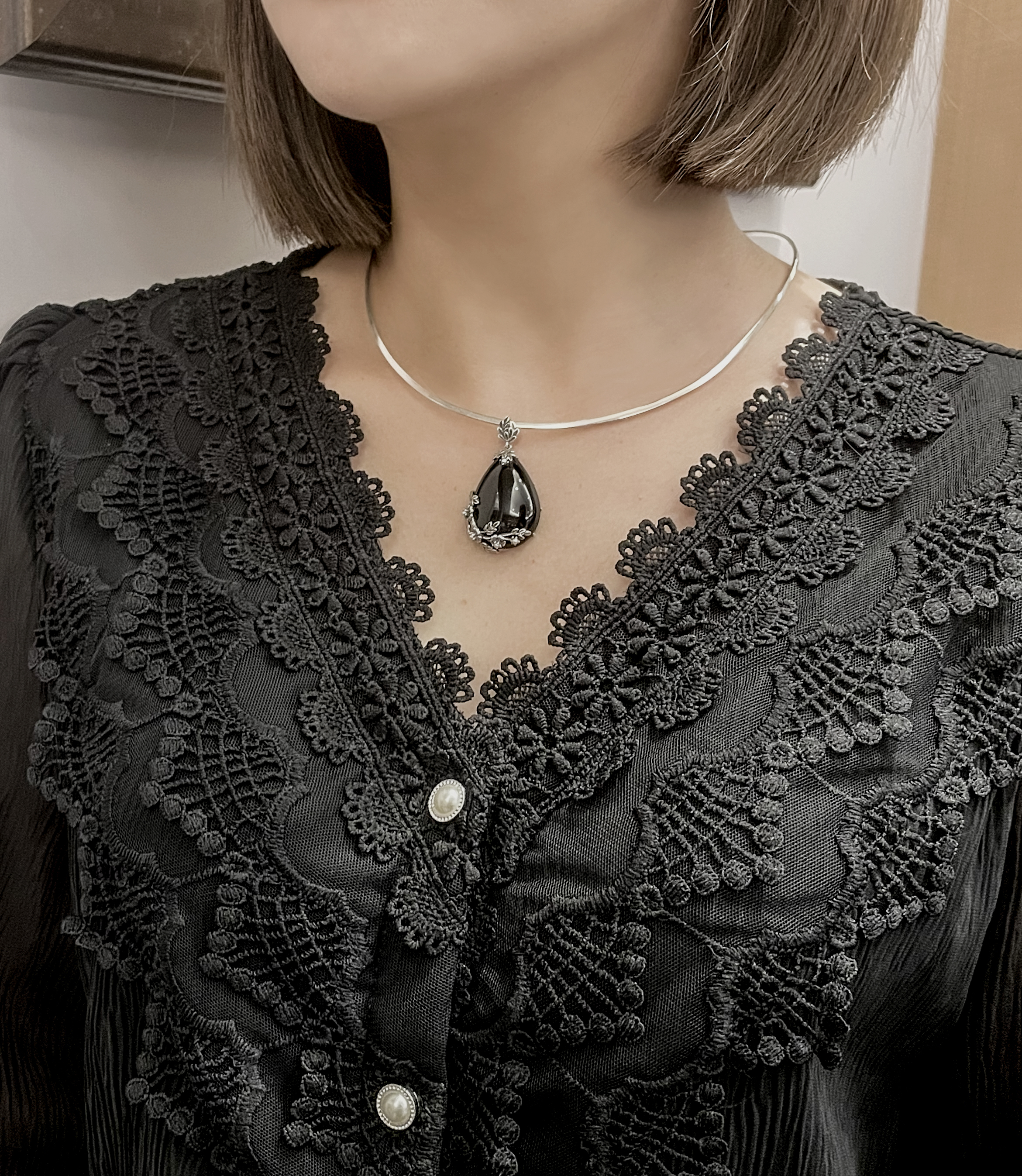 水滴黑瑪瑙鑲銀墜子