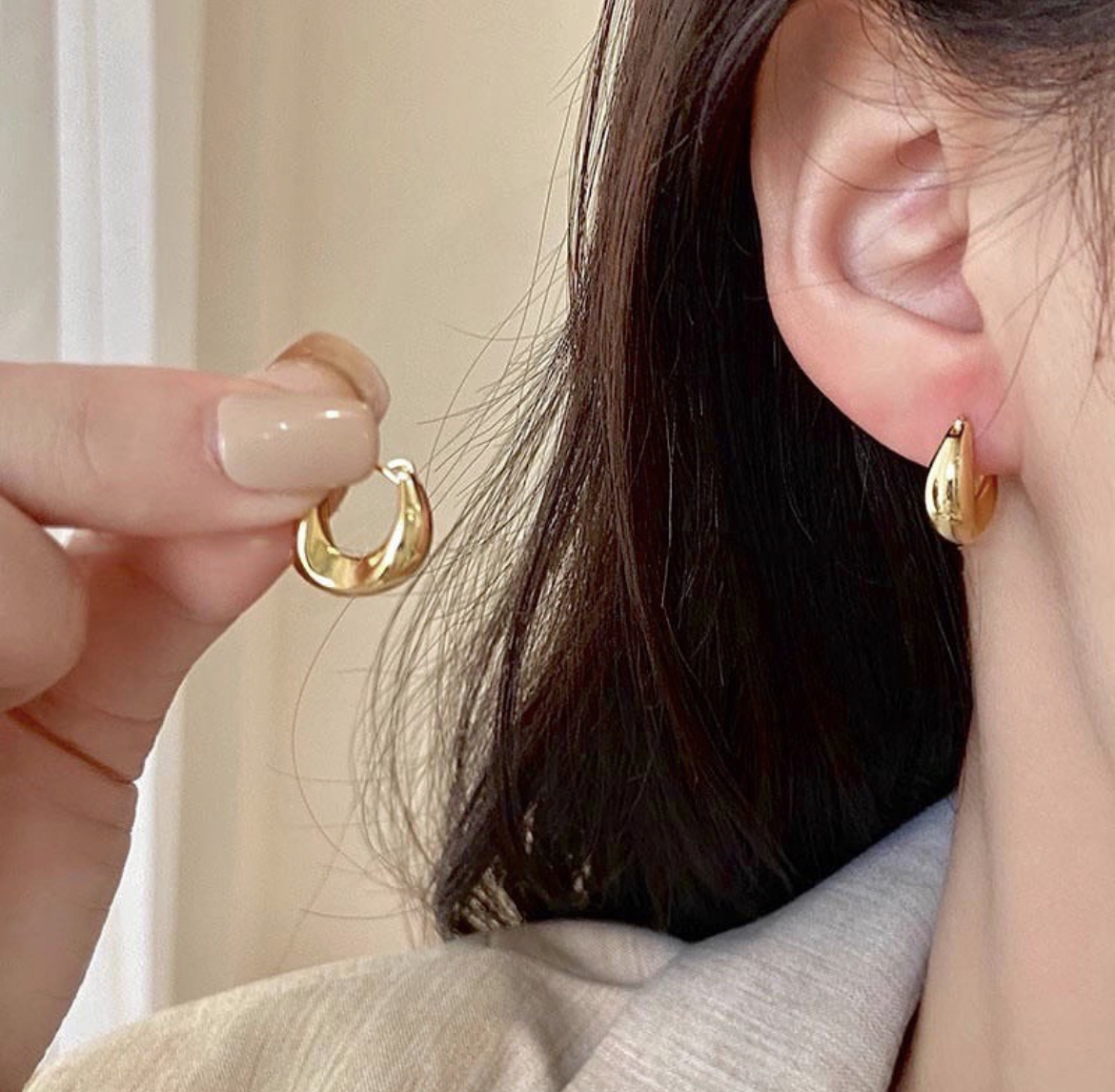 純金銀色 橢圓耳扣釘