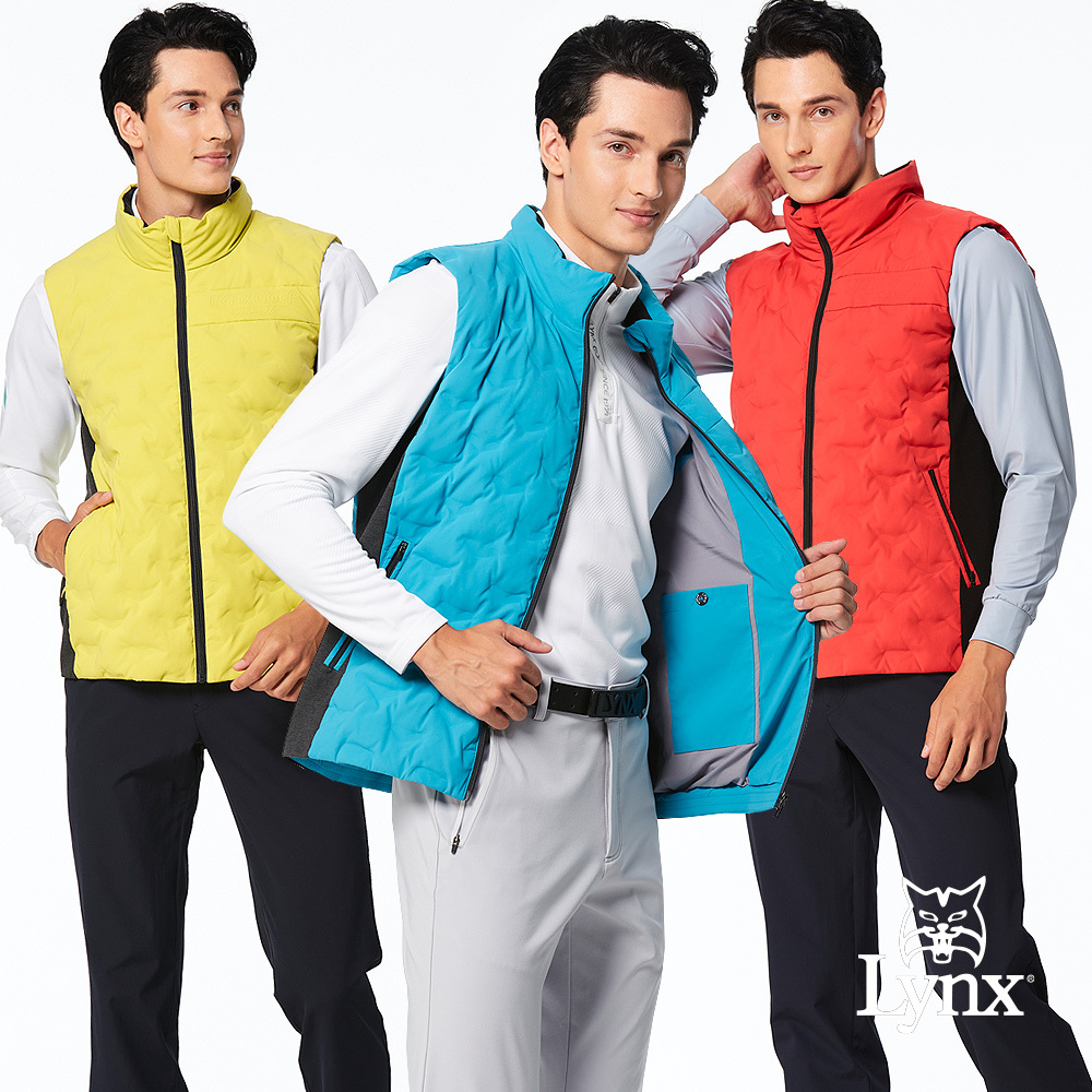 【Lynx Golf】男款保暖防風防潑水羽絨壓紋剪裁配布設計立體印LOGO造型拉鍊口袋無袖背心